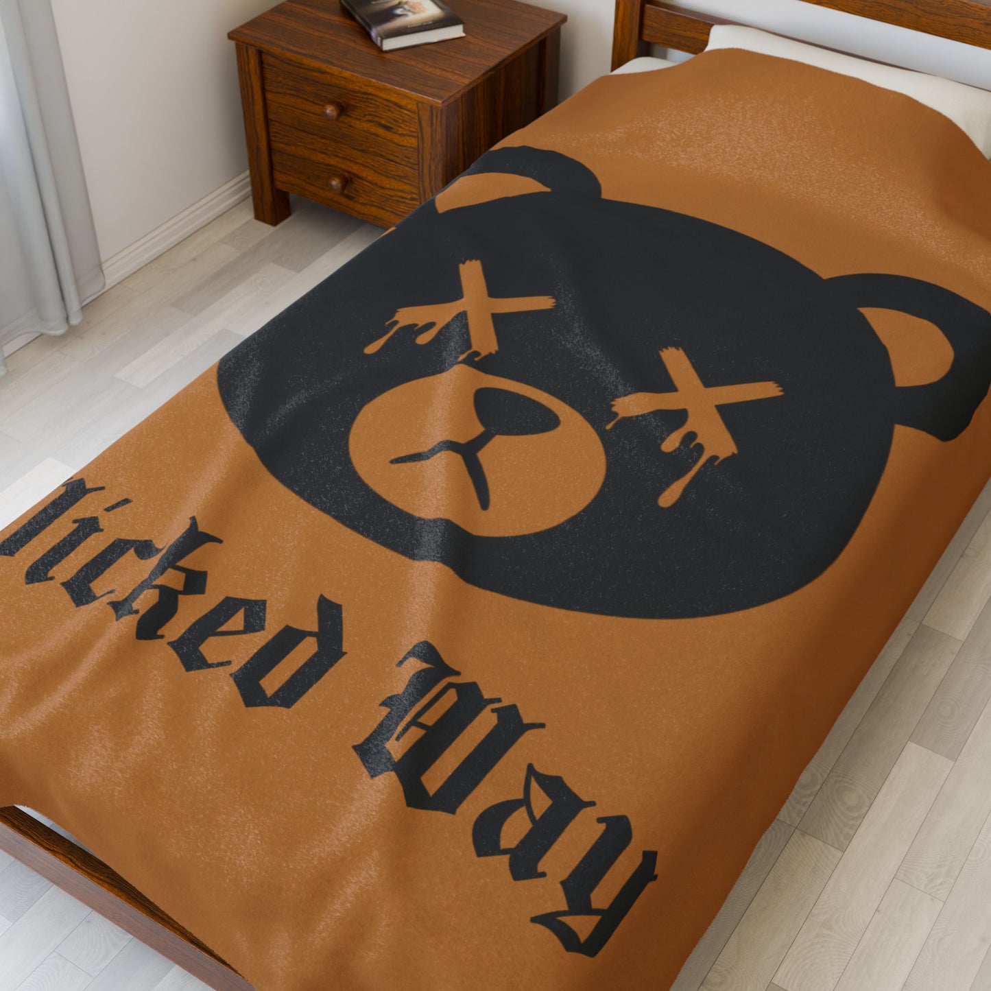 Light Brown "Wicked Way" Dead Bear Head Velveteen Plush Blanket