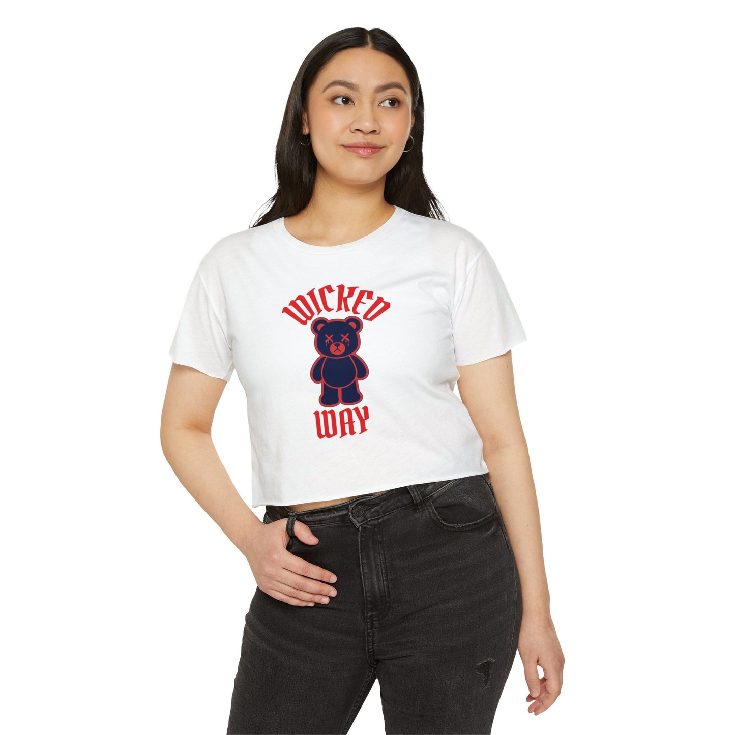 "Wicked Way" Deady Bear Red & Blue Women's Cotton Crop Top