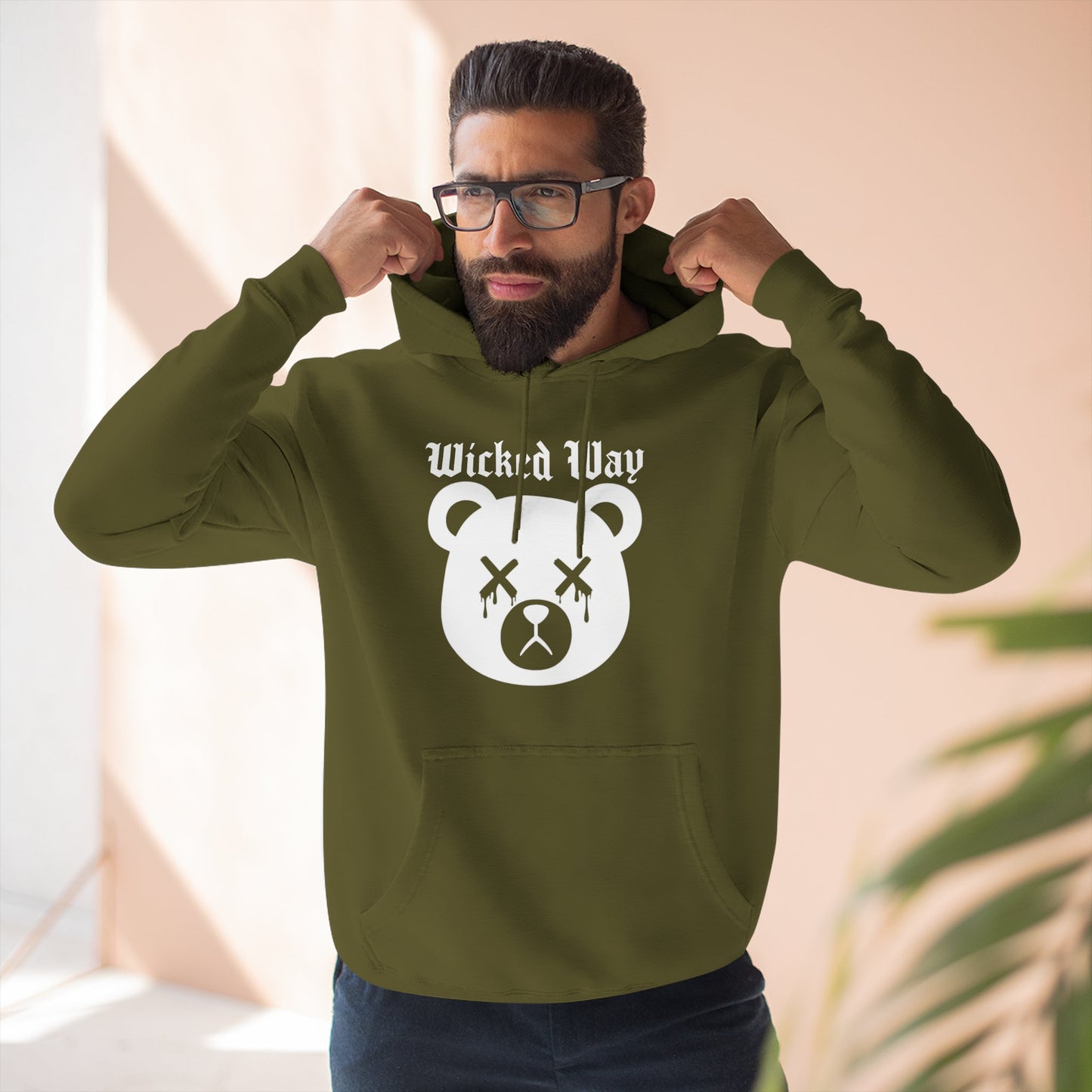 "Wicked Way" Deady Bear Head White Logo Hoodie