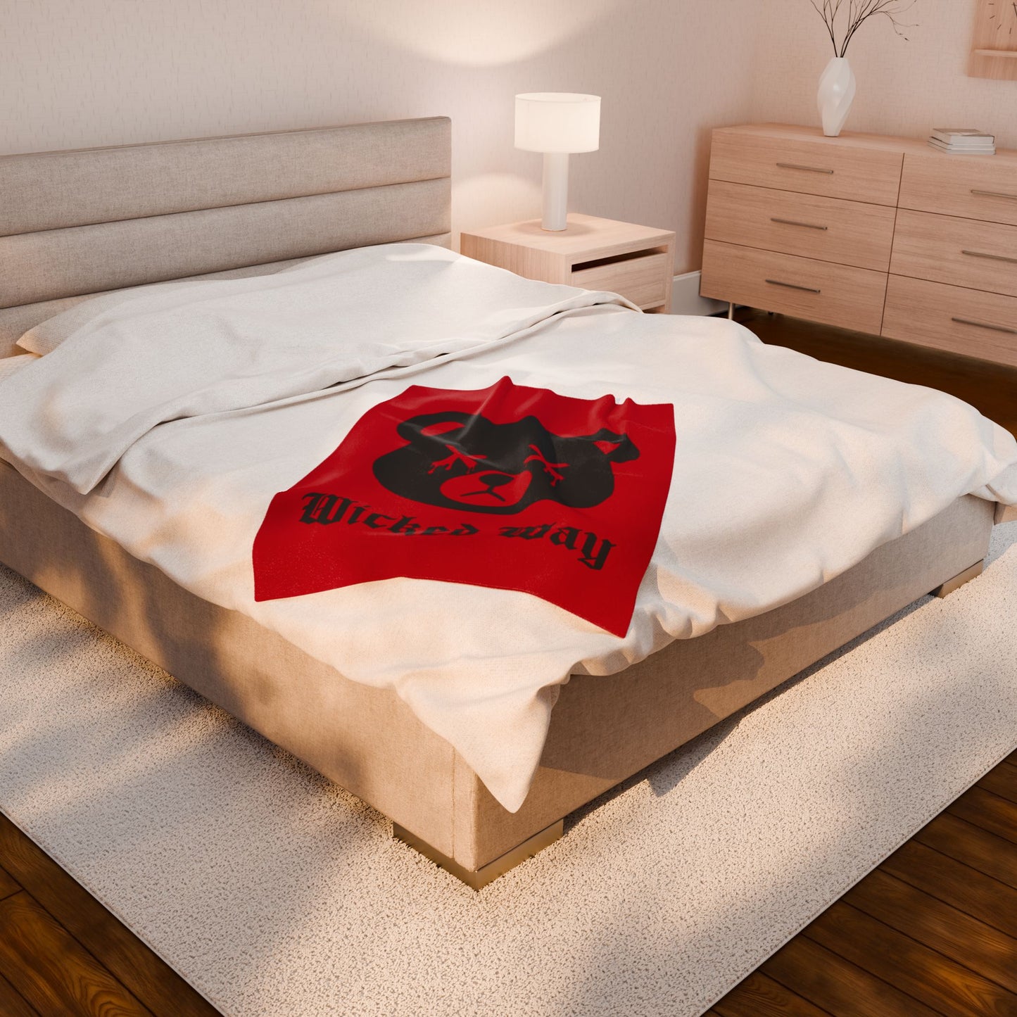 Red "Wicked Way" Dead Bear Head Velveteen Plush Blanket
