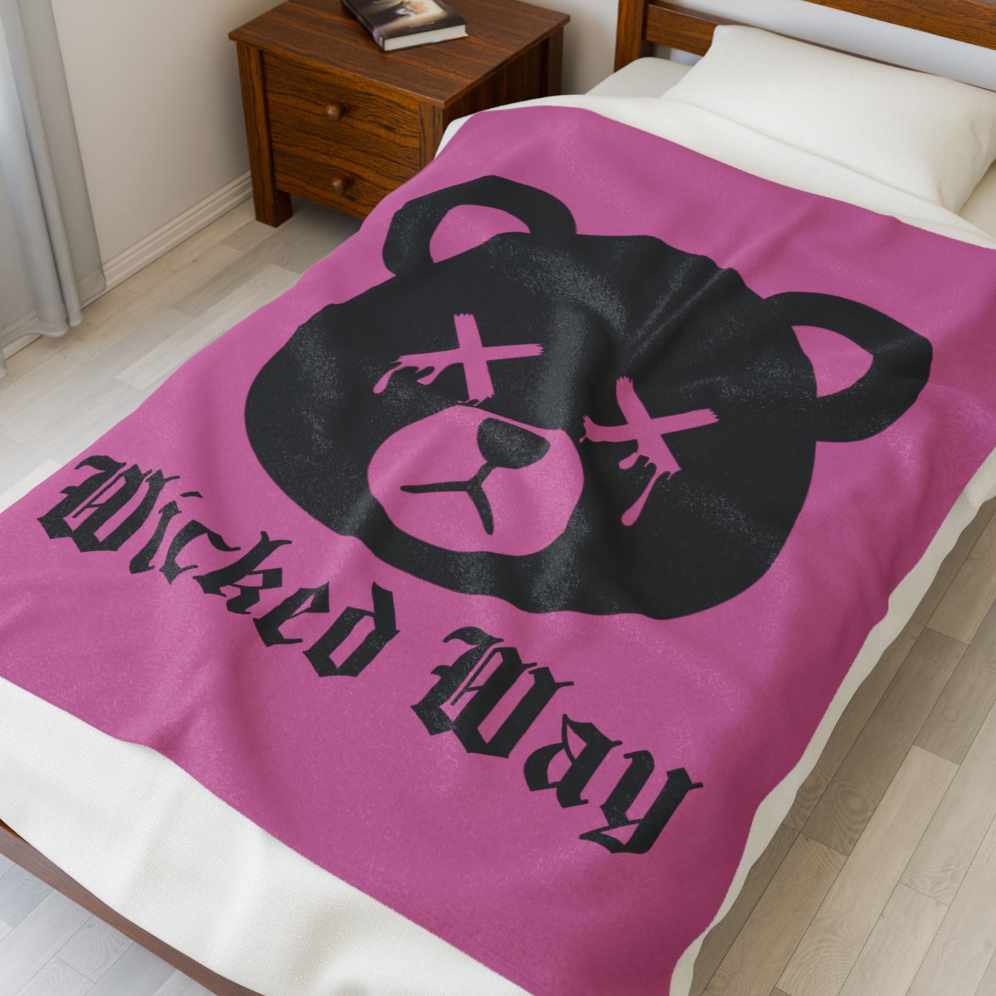 Light Pink "Wicked Way" Dead Bear Head Velveteen Plush Blanket