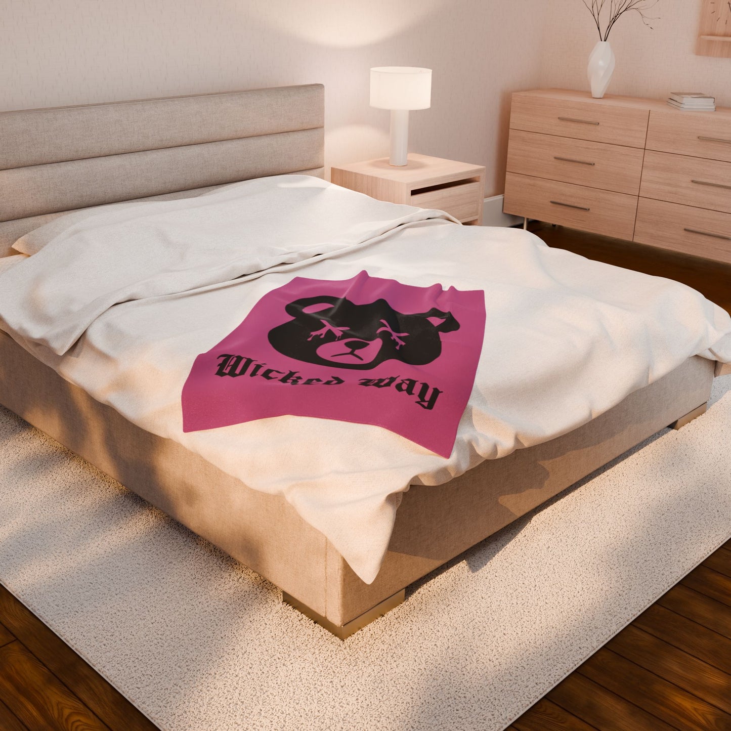 Light Pink "Wicked Way" Dead Bear Head Velveteen Plush Blanket