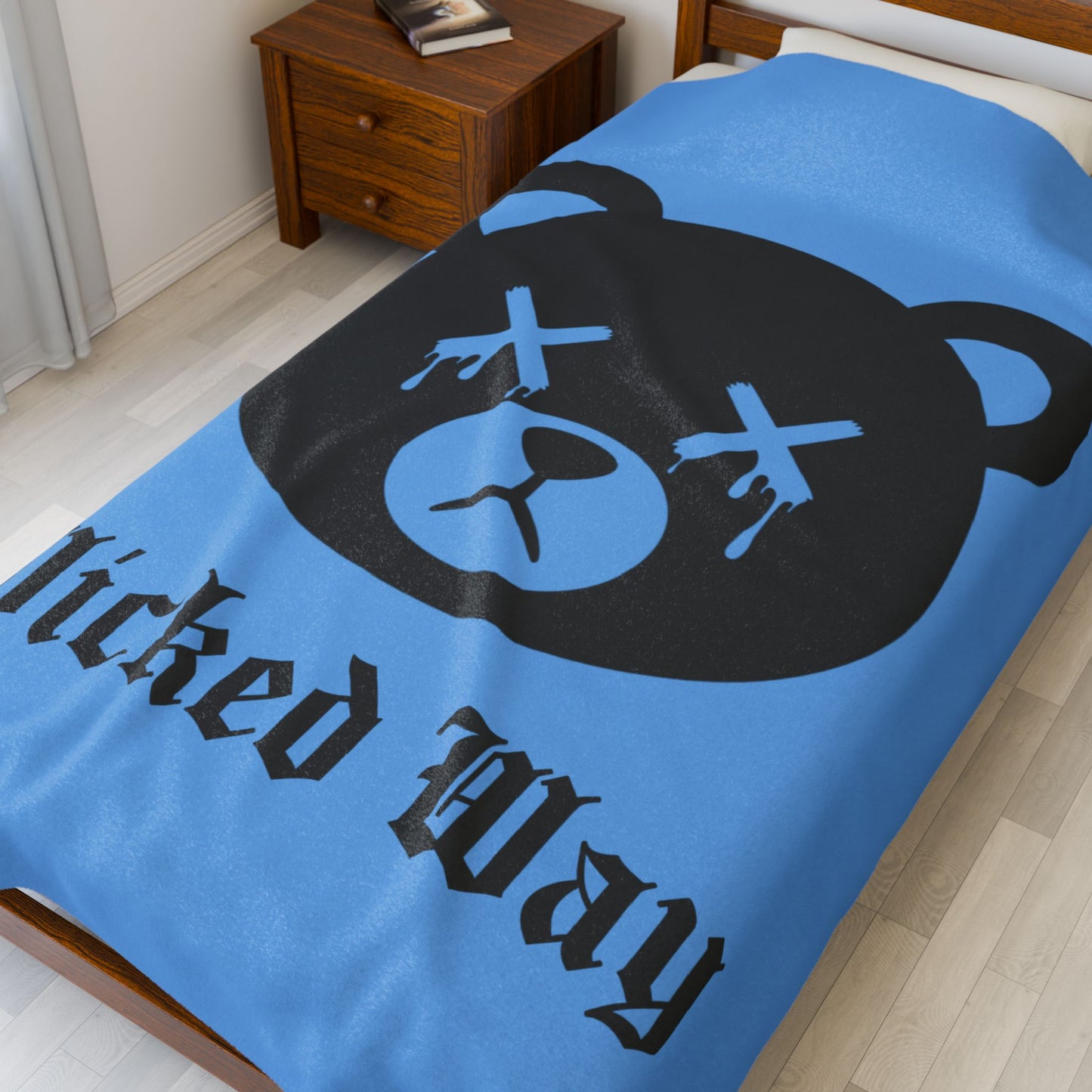 Light Blue "Wicked Way" Dead Bear Head Velveteen Plush Blanket