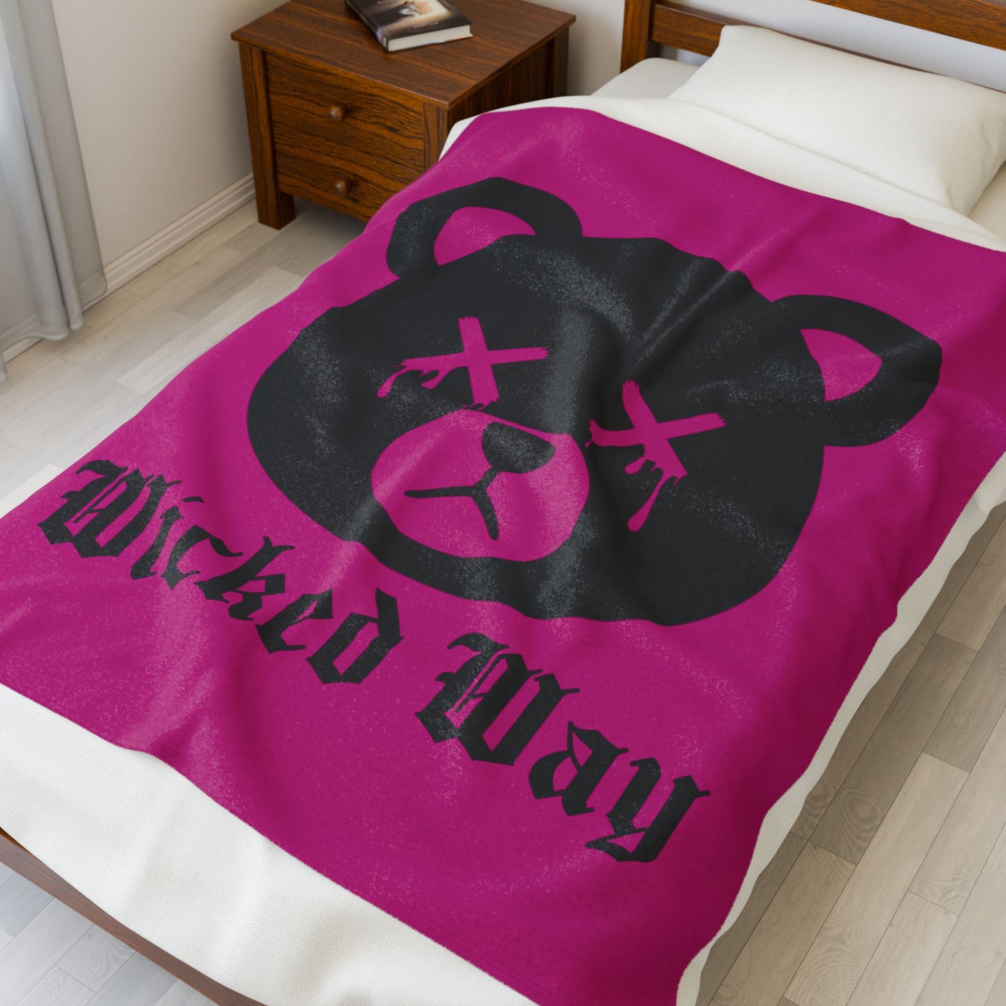 Pink "Wicked Way" Dead Bear Head Velveteen Plush Blanket