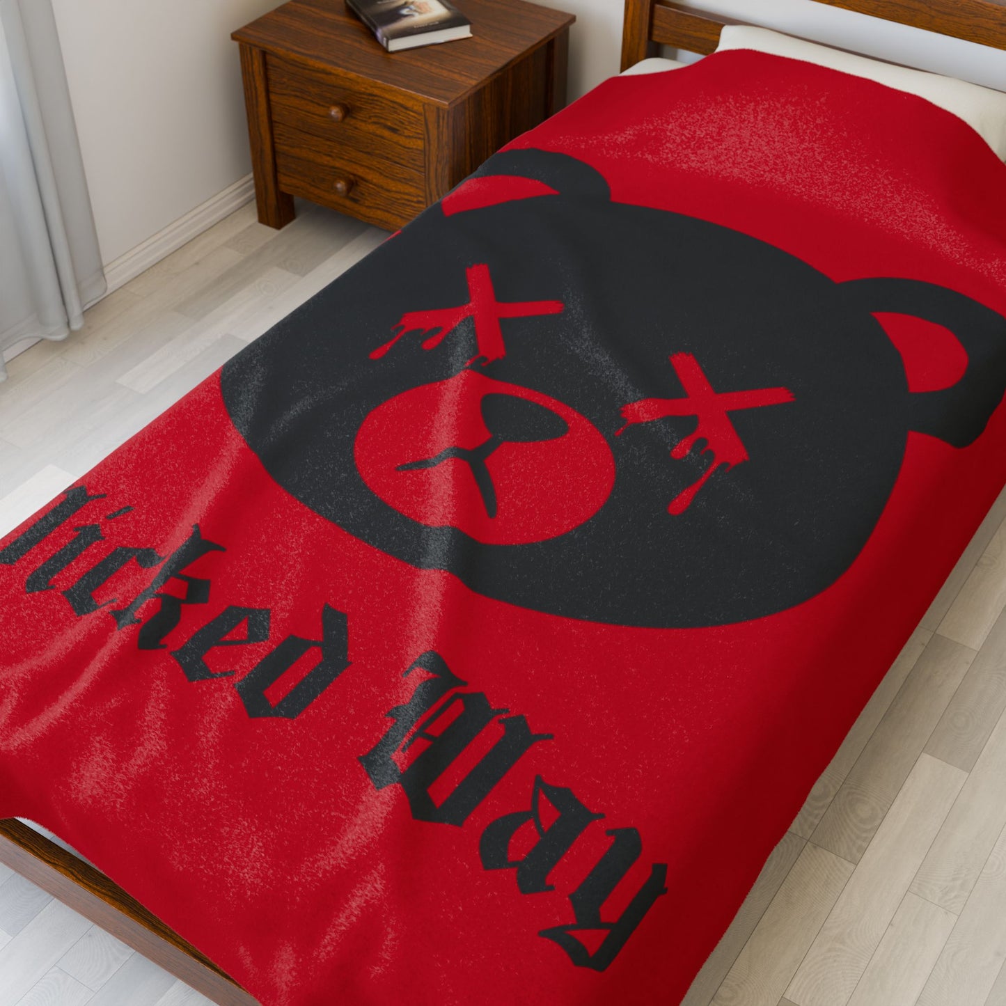 Red "Wicked Way" Dead Bear Head Velveteen Plush Blanket