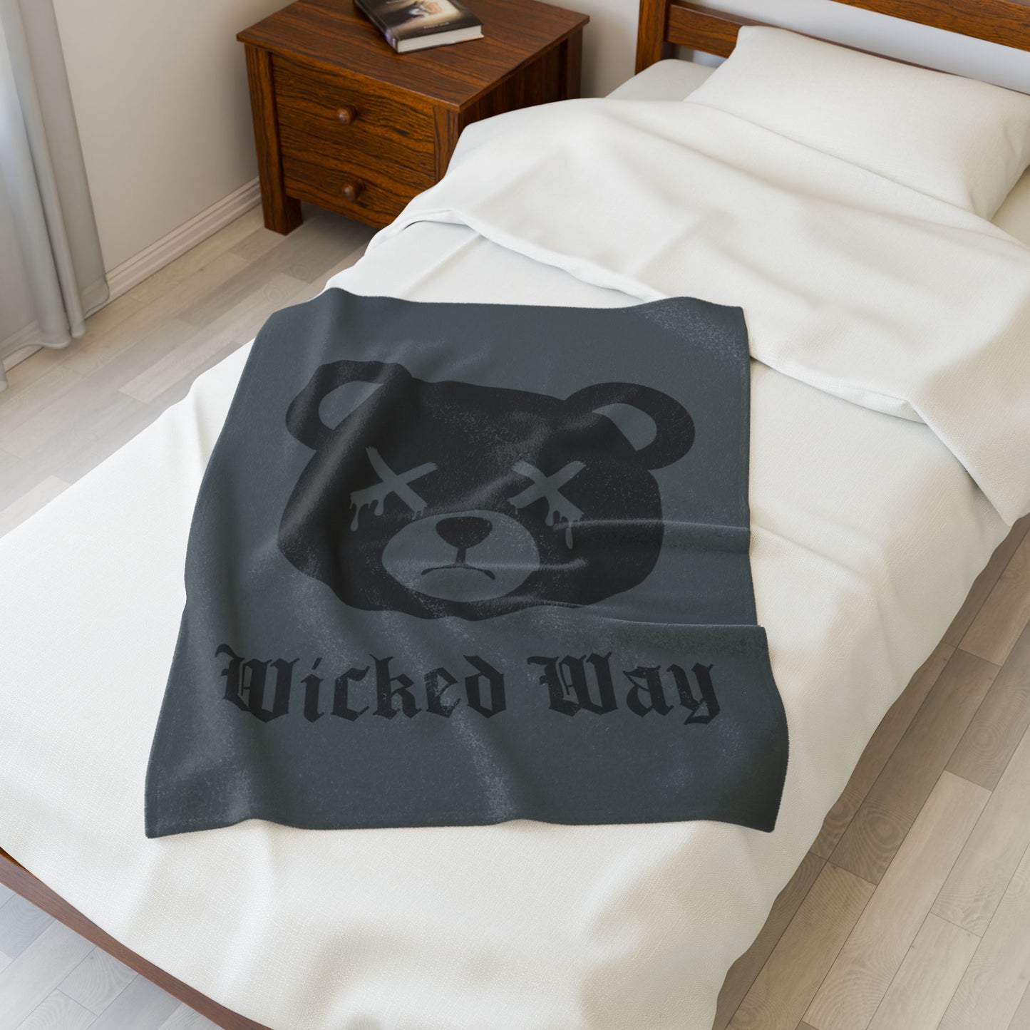 Dark Grey "Wicked Way" Dead Bear Head Velveteen Plush Blanket