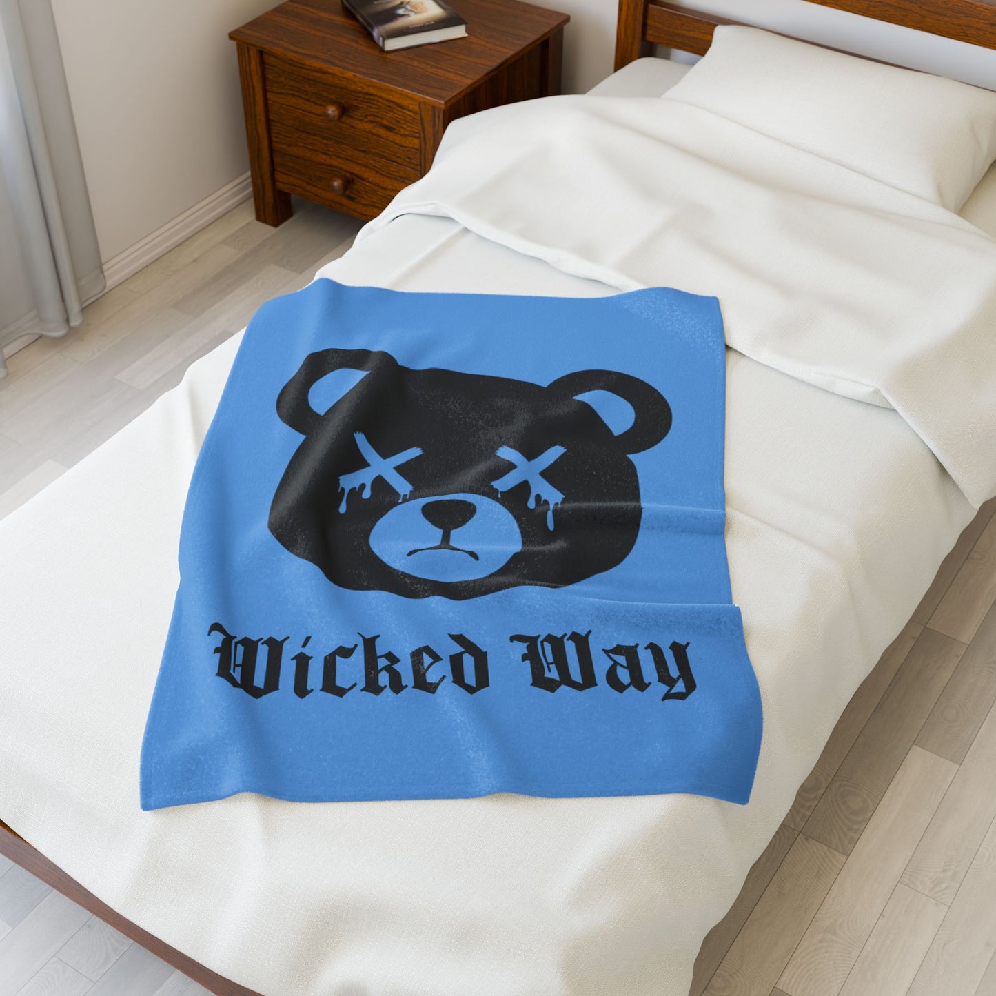 Light Blue "Wicked Way" Dead Bear Head Velveteen Plush Blanket