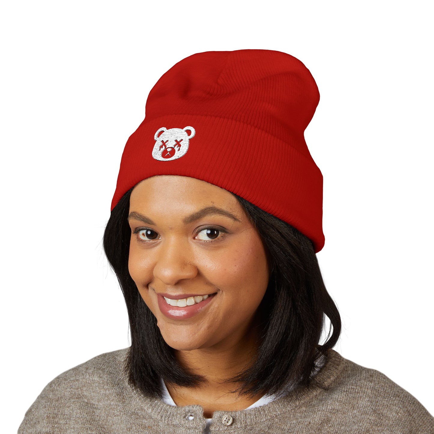 "Wicked Way" Dead Bear Head White Embroidered Beanie