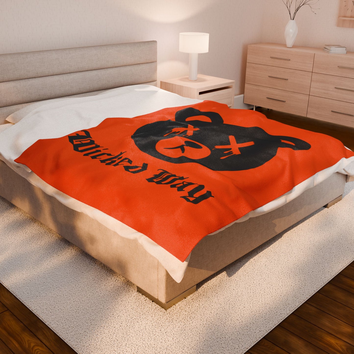 Orange "Wicked Way" Dead Bear Head Velveteen Plush Blanket