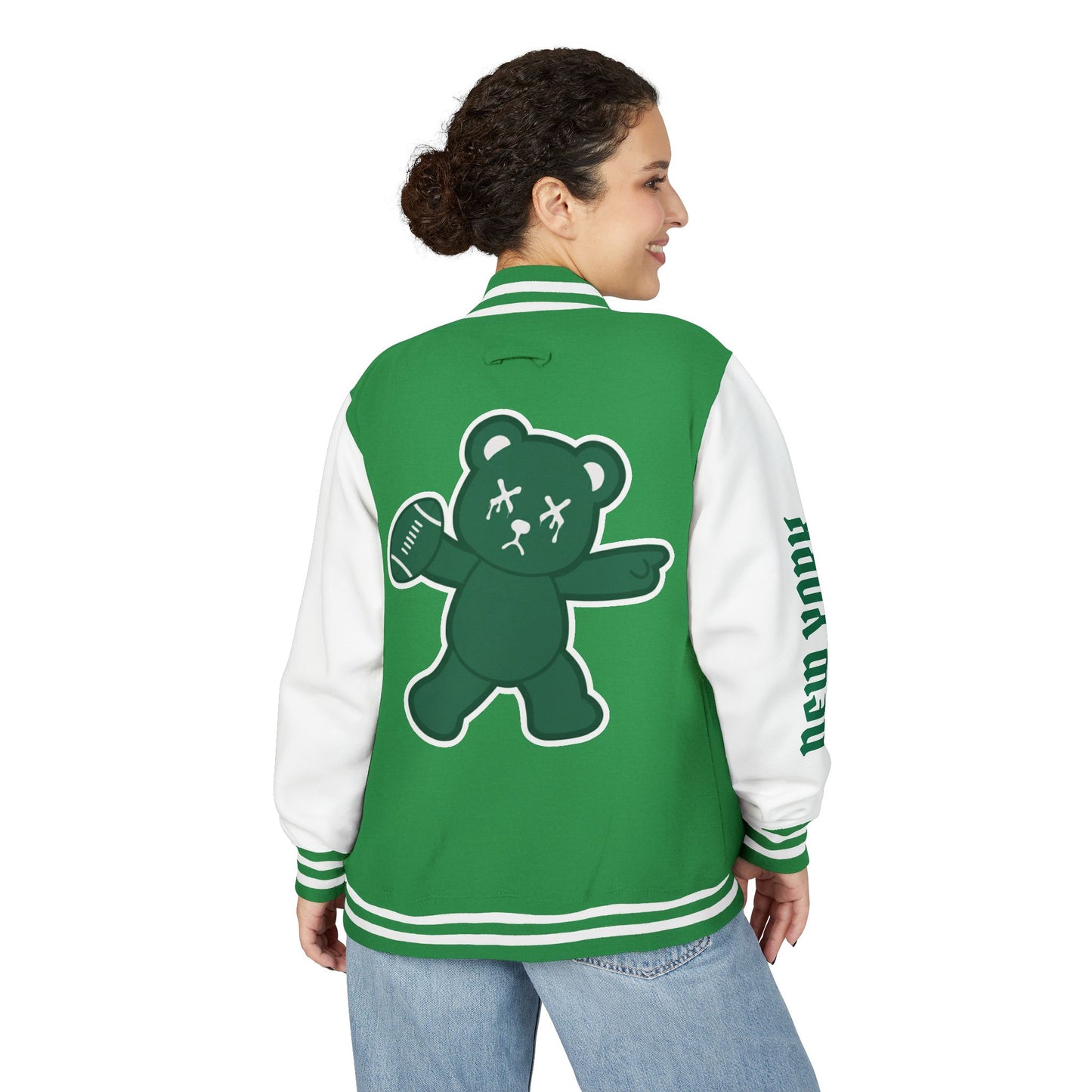 Green & White "Wicked Way" New York Deady Bear Football Heavyweight Letterman Jacket