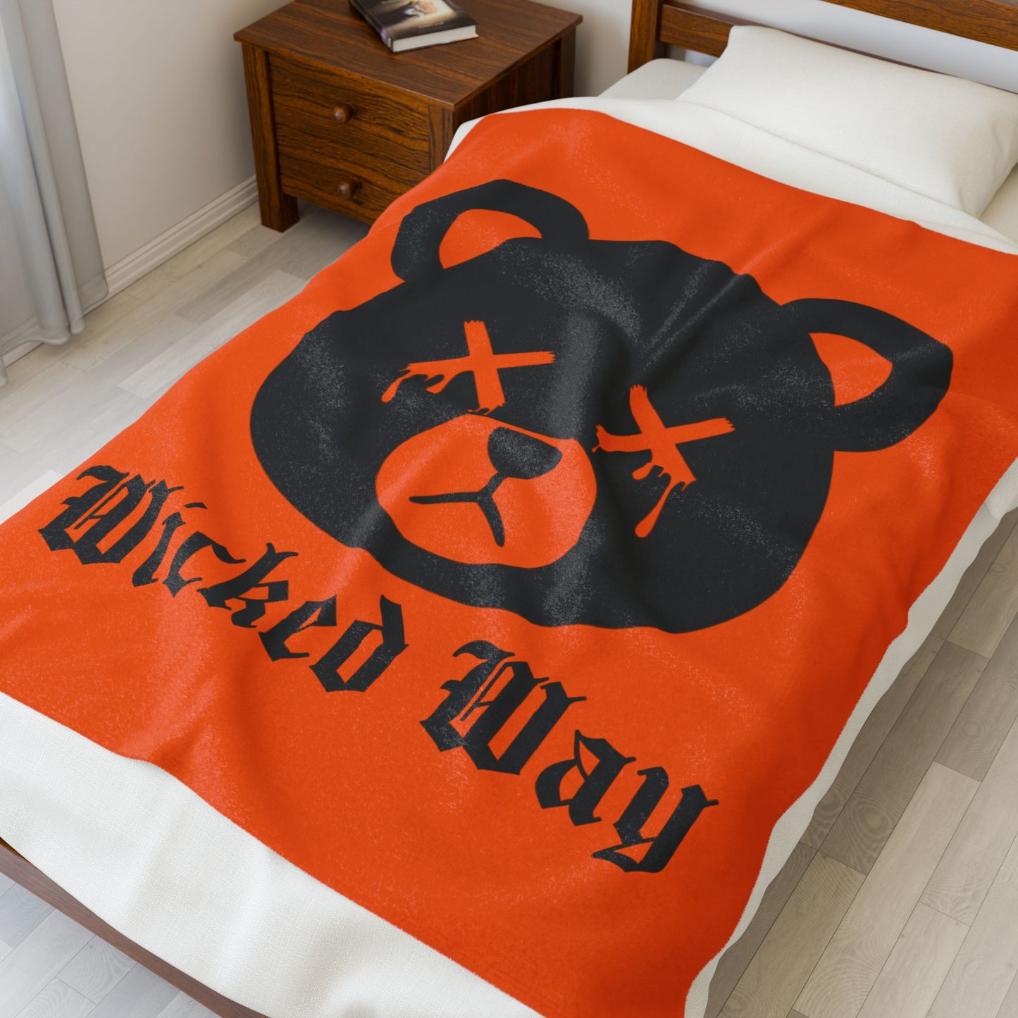 Orange "Wicked Way" Dead Bear Head Velveteen Plush Blanket