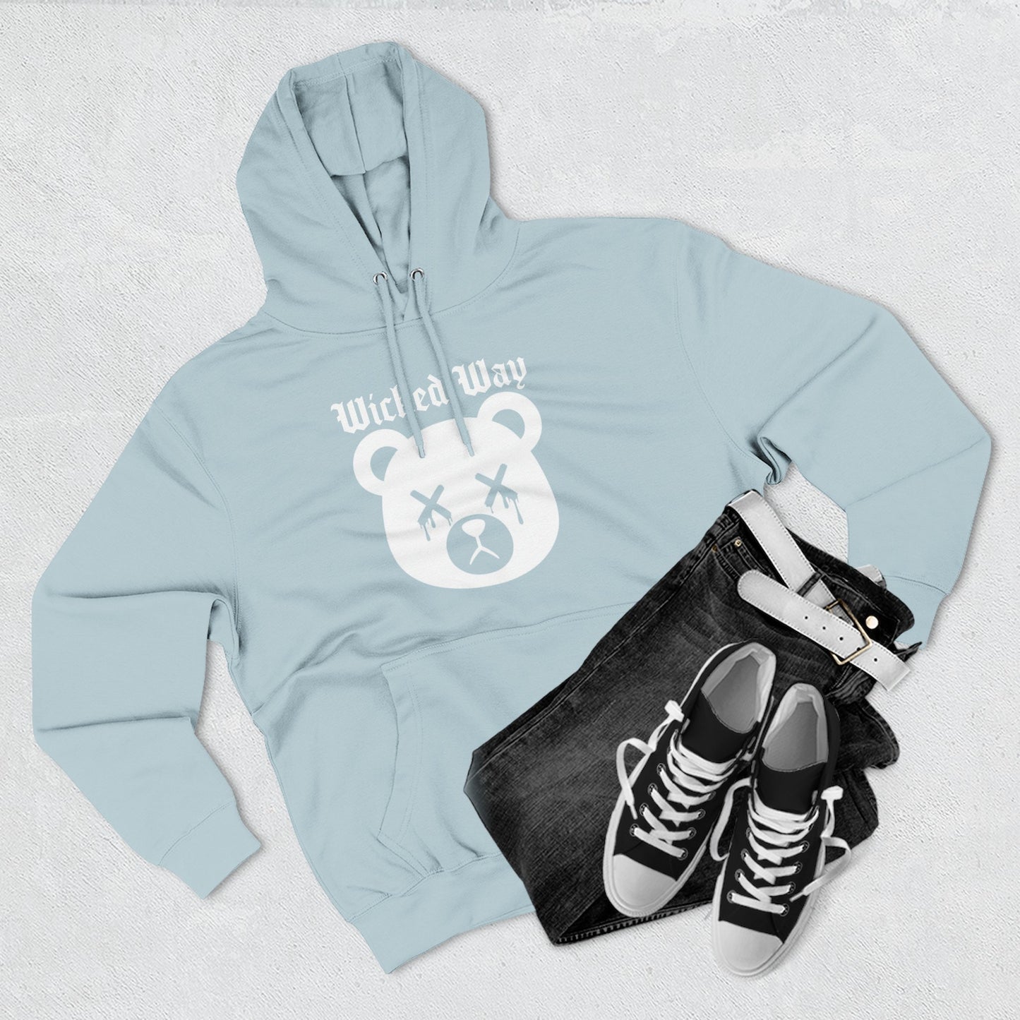 "Wicked Way" Deady Bear Head White Logo Hoodie