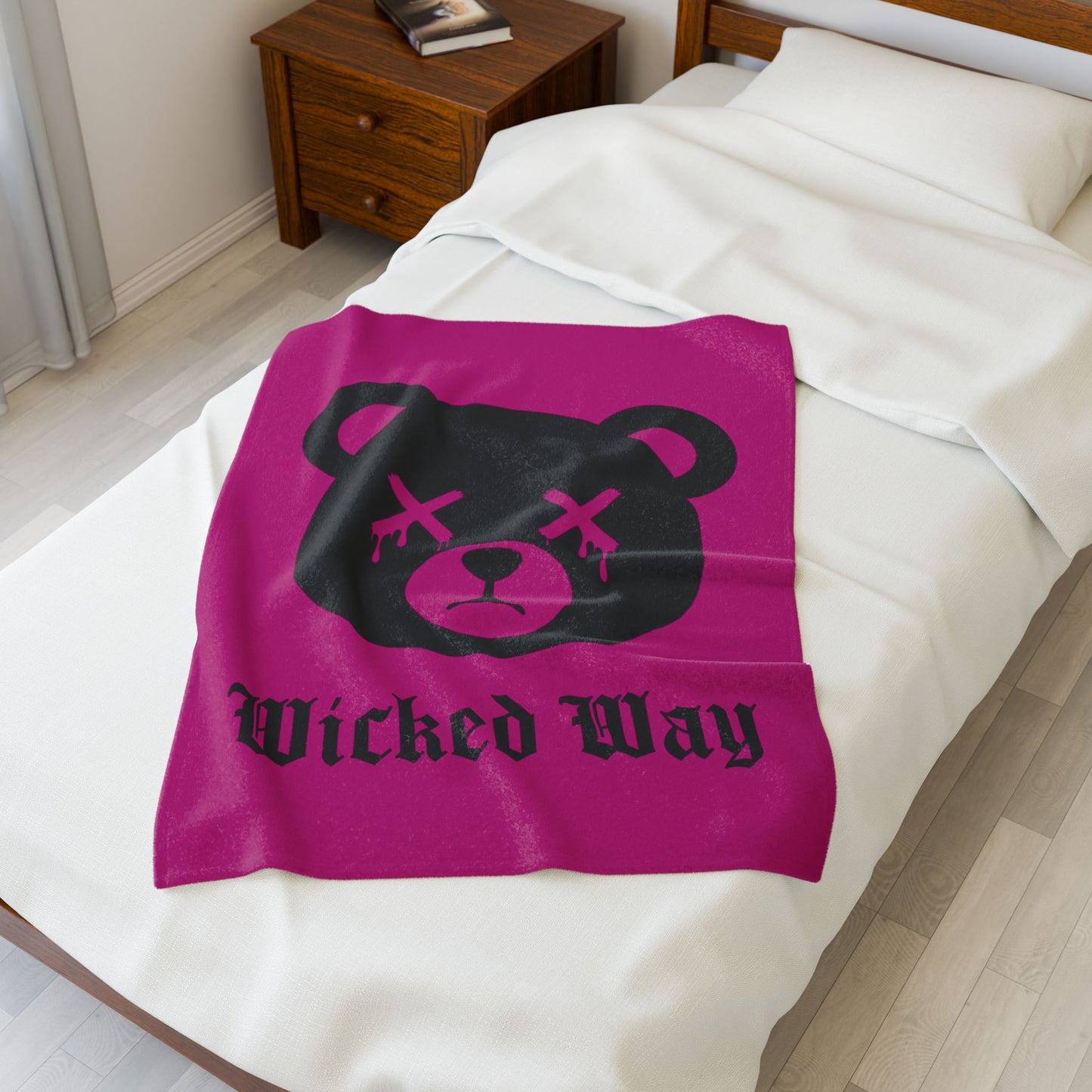 Pink "Wicked Way" Dead Bear Head Velveteen Plush Blanket