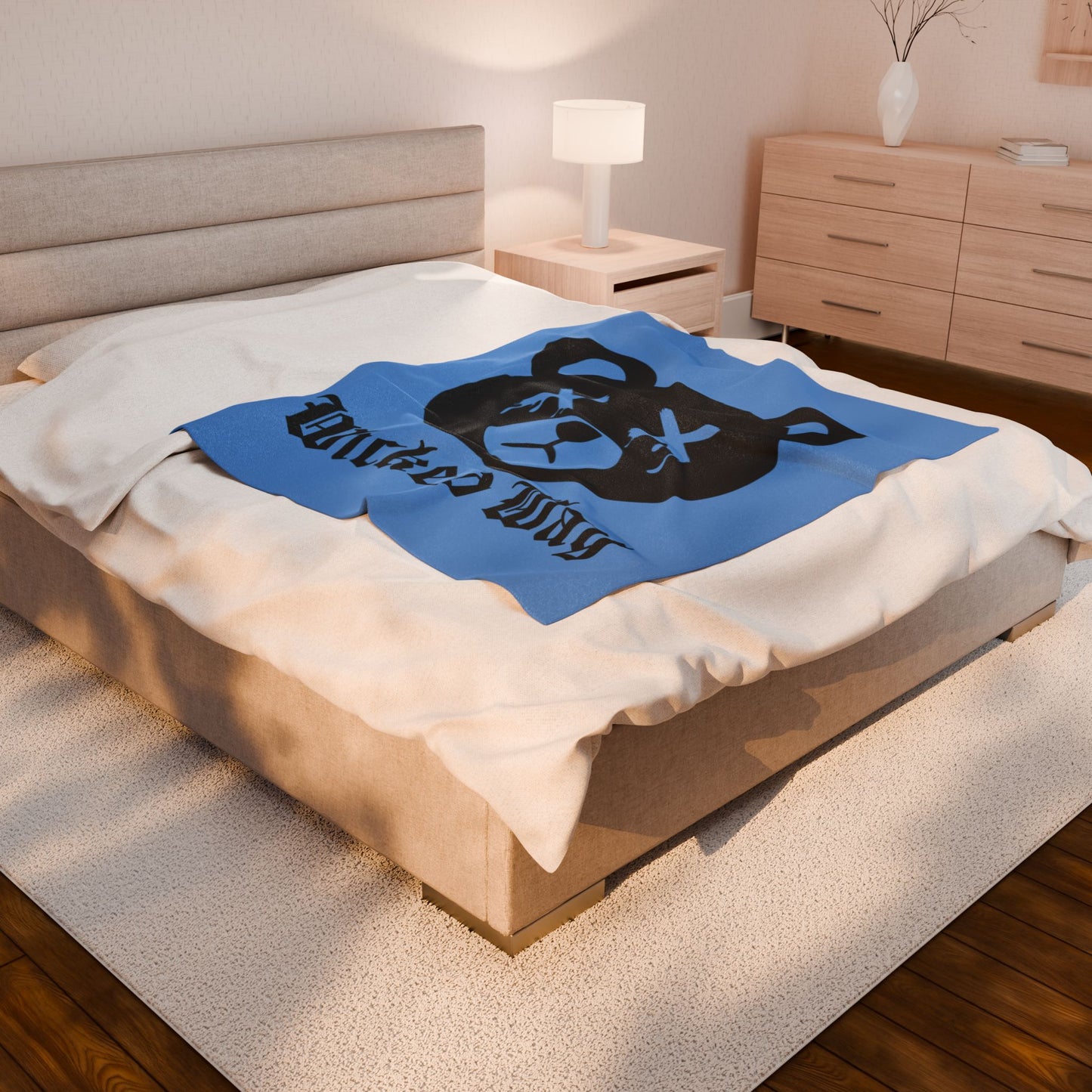 Light Blue "Wicked Way" Dead Bear Head Velveteen Plush Blanket