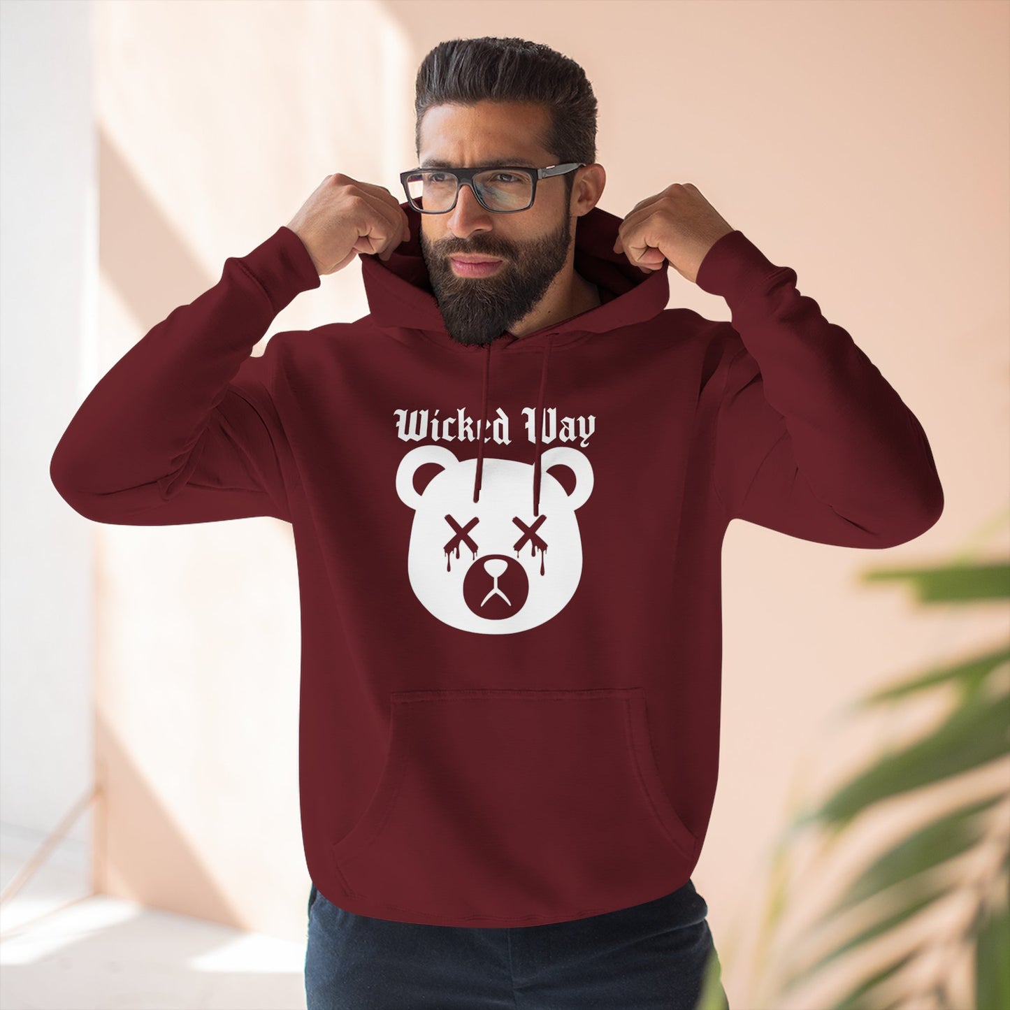 "Wicked Way" Deady Bear Head White Logo Hoodie