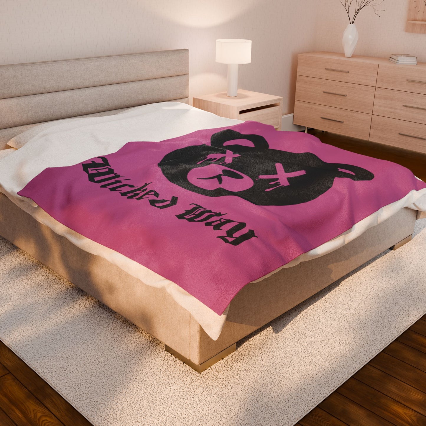 Light Pink "Wicked Way" Dead Bear Head Velveteen Plush Blanket