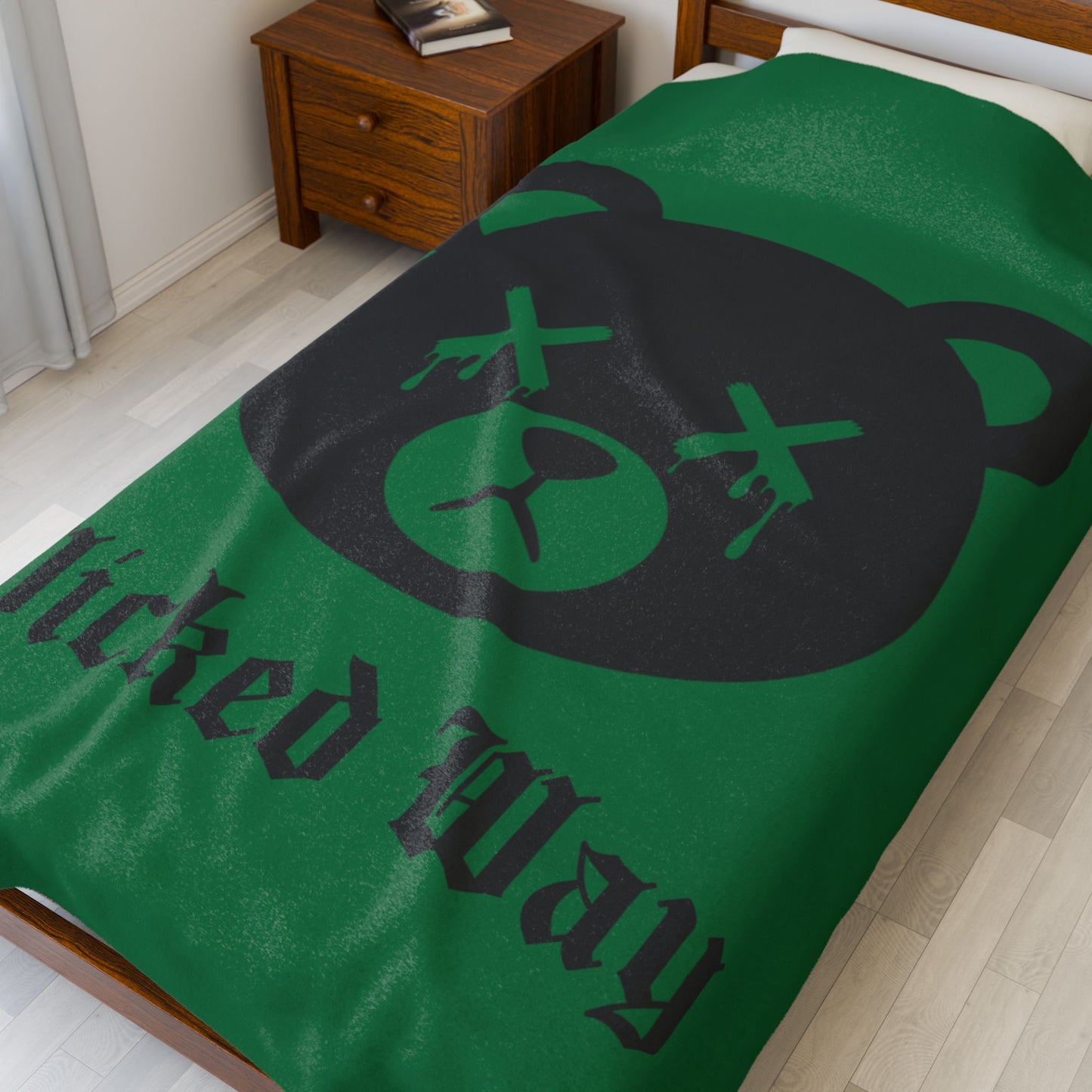 Green "Wicked Way" Dead Bear Head Velveteen Plush Blanket