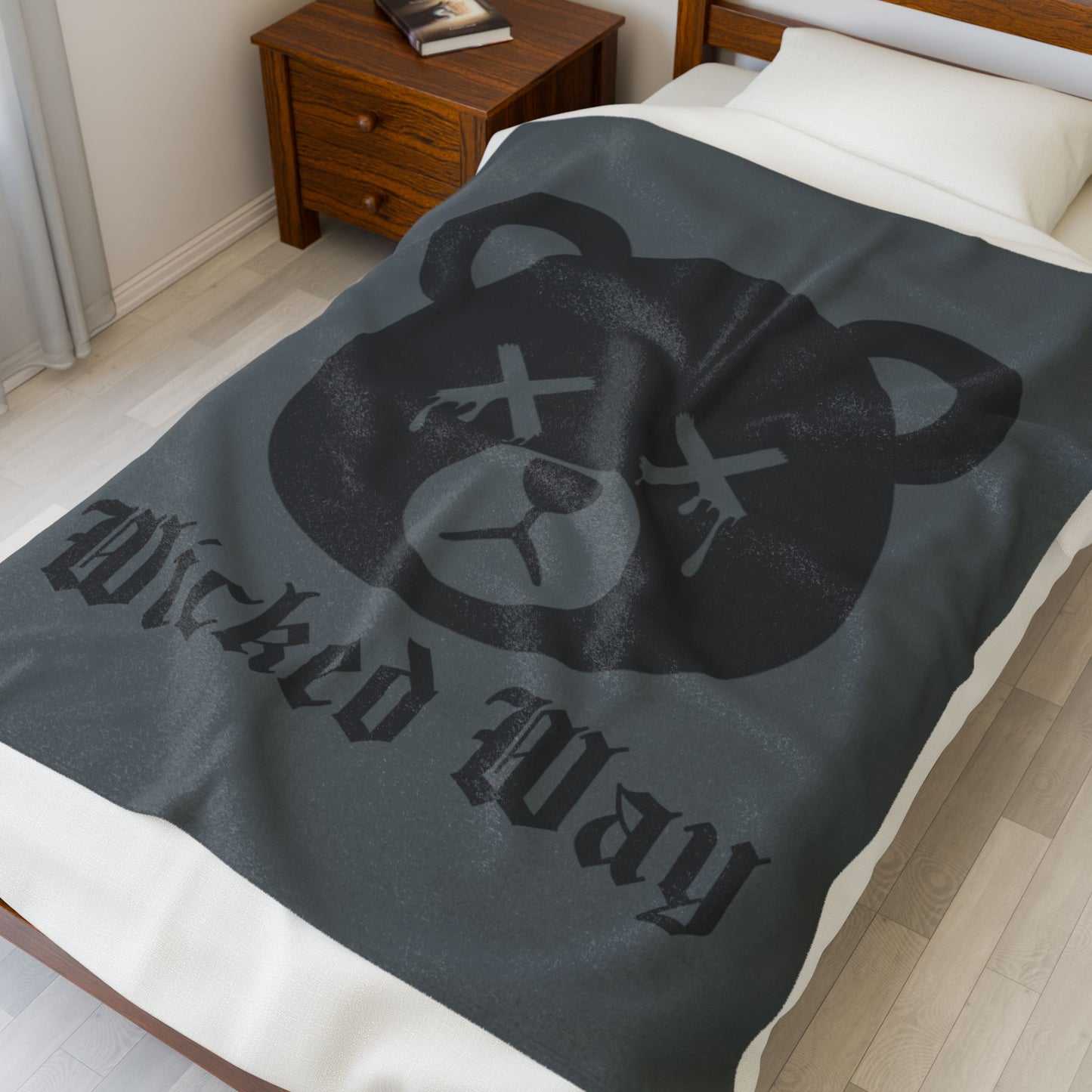 Dark Grey "Wicked Way" Dead Bear Head Velveteen Plush Blanket