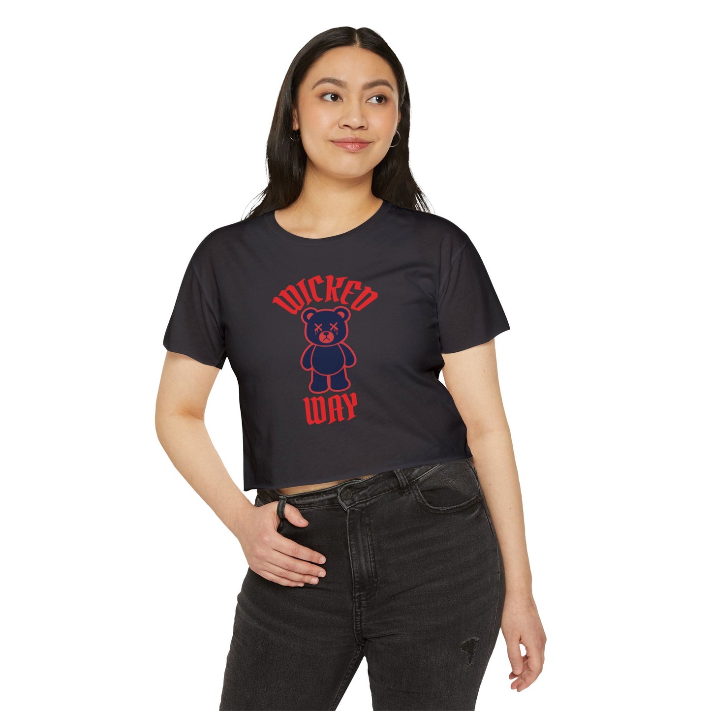 "Wicked Way" Deady Bear Red & Blue Women's Cotton Crop Top
