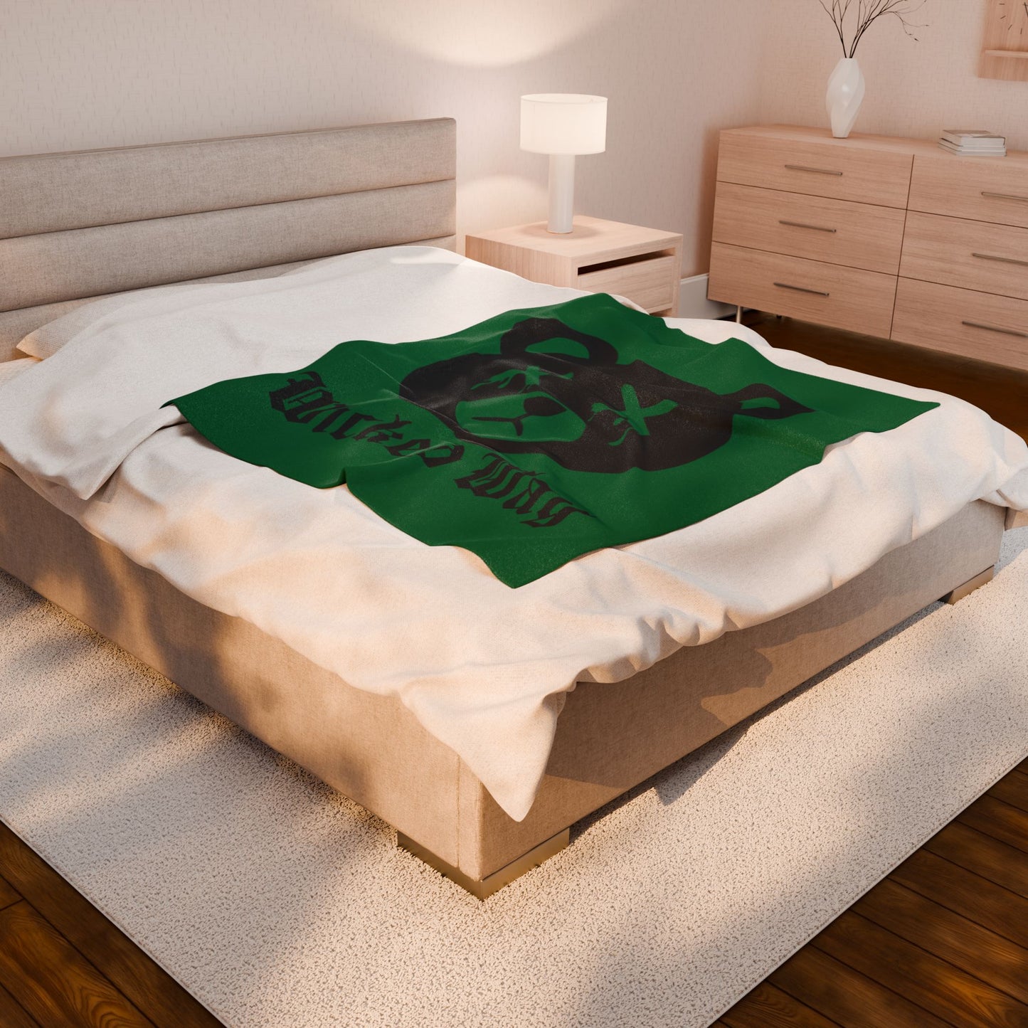 Green "Wicked Way" Dead Bear Head Velveteen Plush Blanket