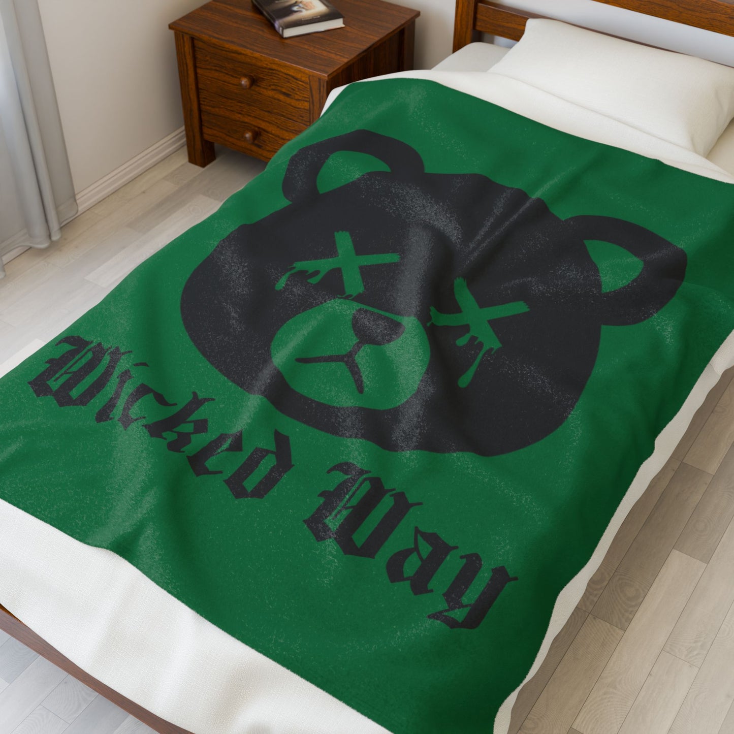 Green "Wicked Way" Dead Bear Head Velveteen Plush Blanket