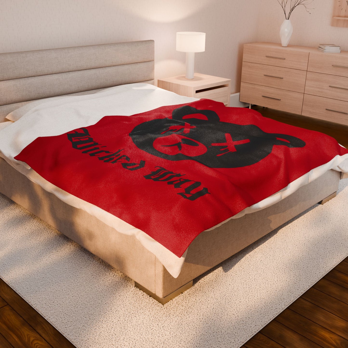 Red "Wicked Way" Dead Bear Head Velveteen Plush Blanket