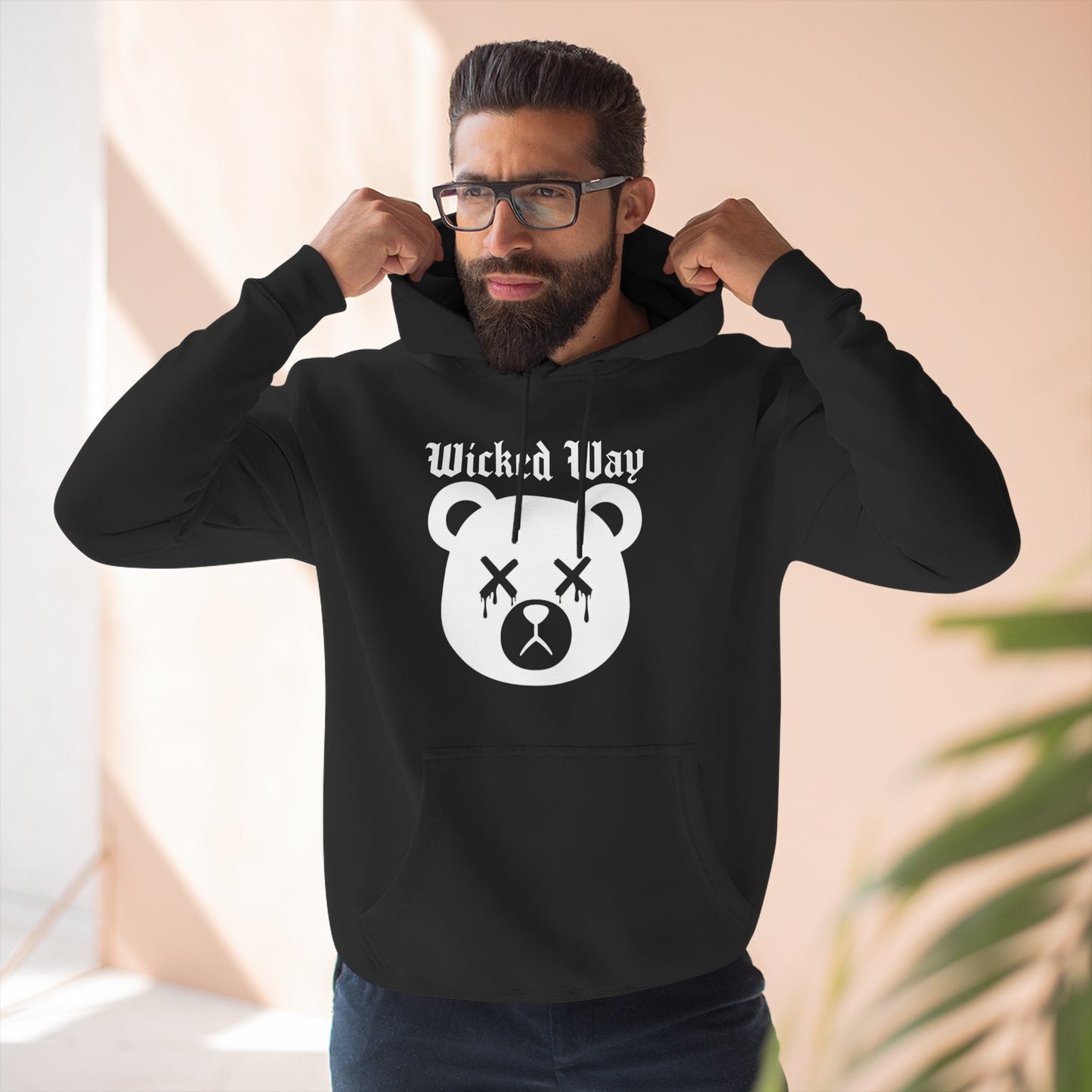 "Wicked Way" Deady Bear Head White Logo Hoodie
