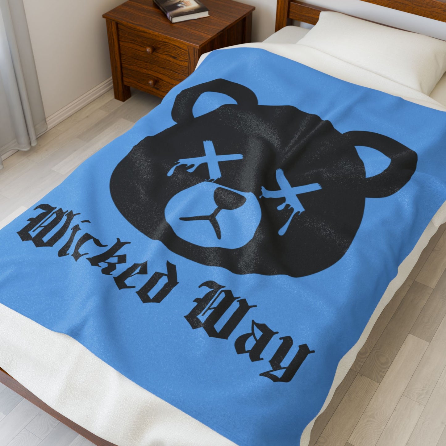 Light Blue "Wicked Way" Dead Bear Head Velveteen Plush Blanket