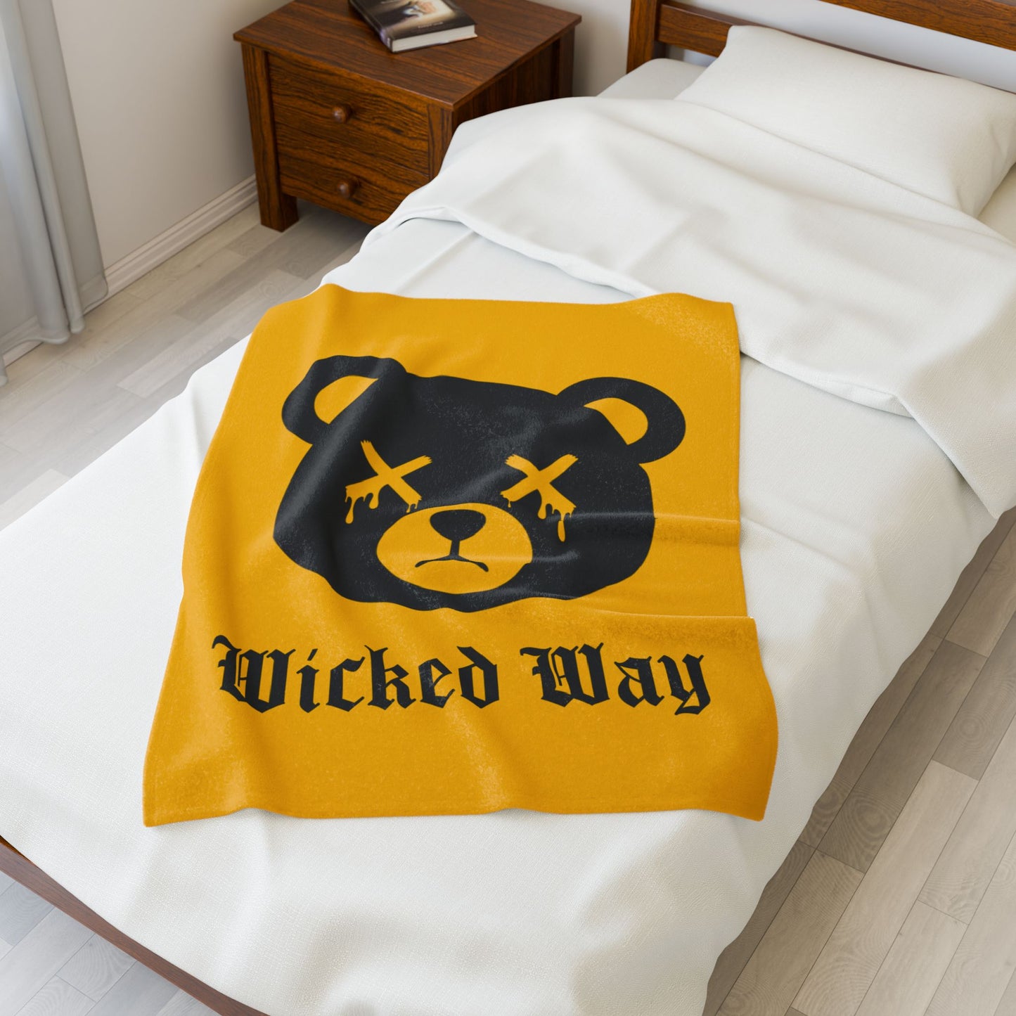 Yellow "Wicked Way" Dead Bear Head Velveteen Plush Blanket