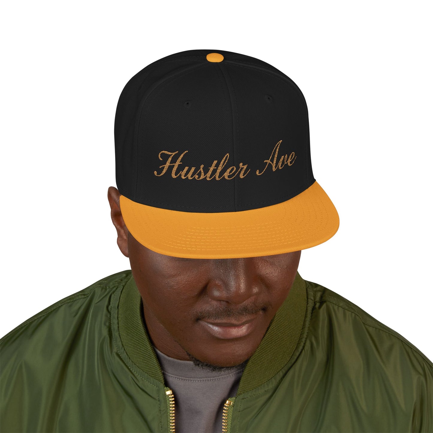 "Hustler Ave" Gold Edition Cursive Snapback Hat