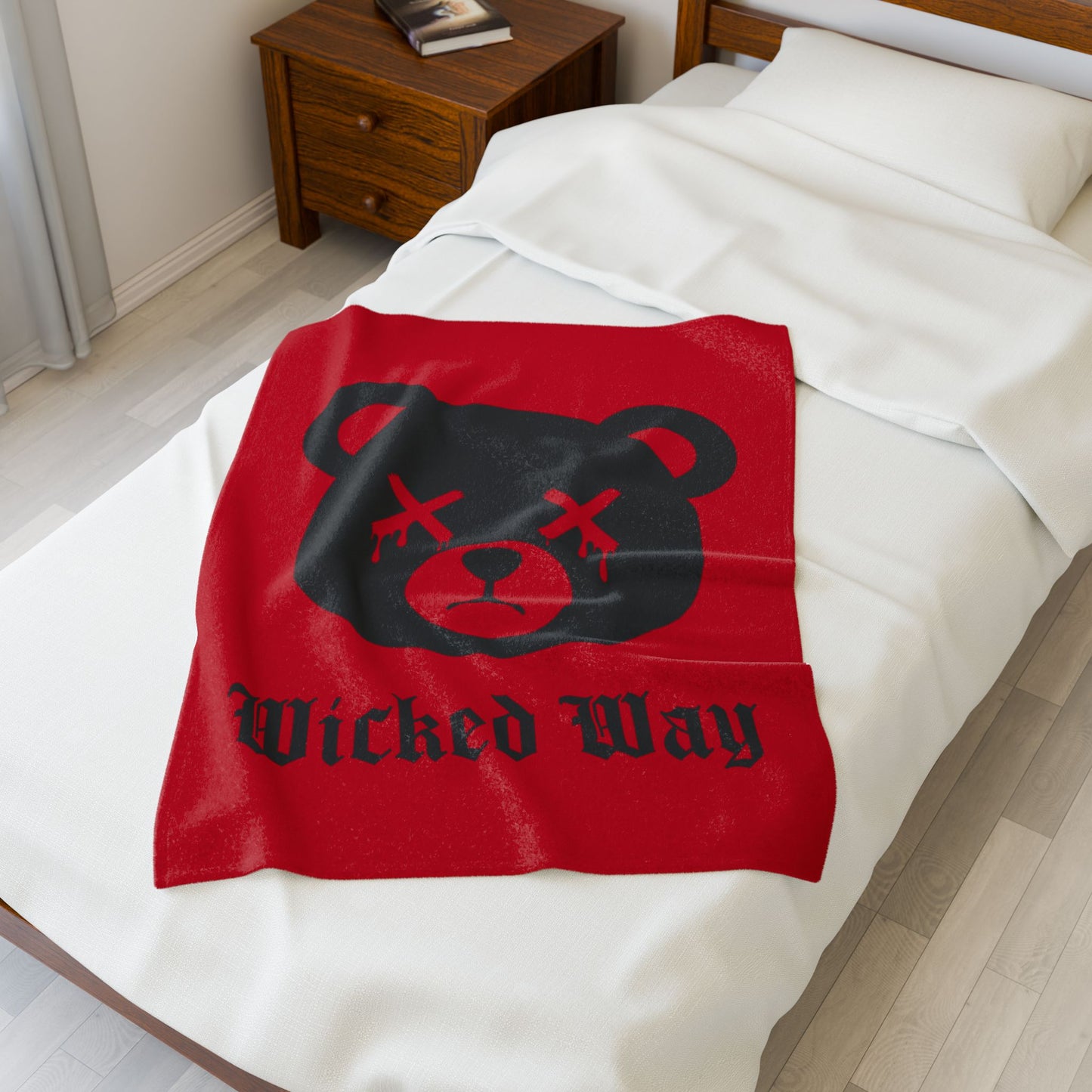 Red "Wicked Way" Dead Bear Head Velveteen Plush Blanket