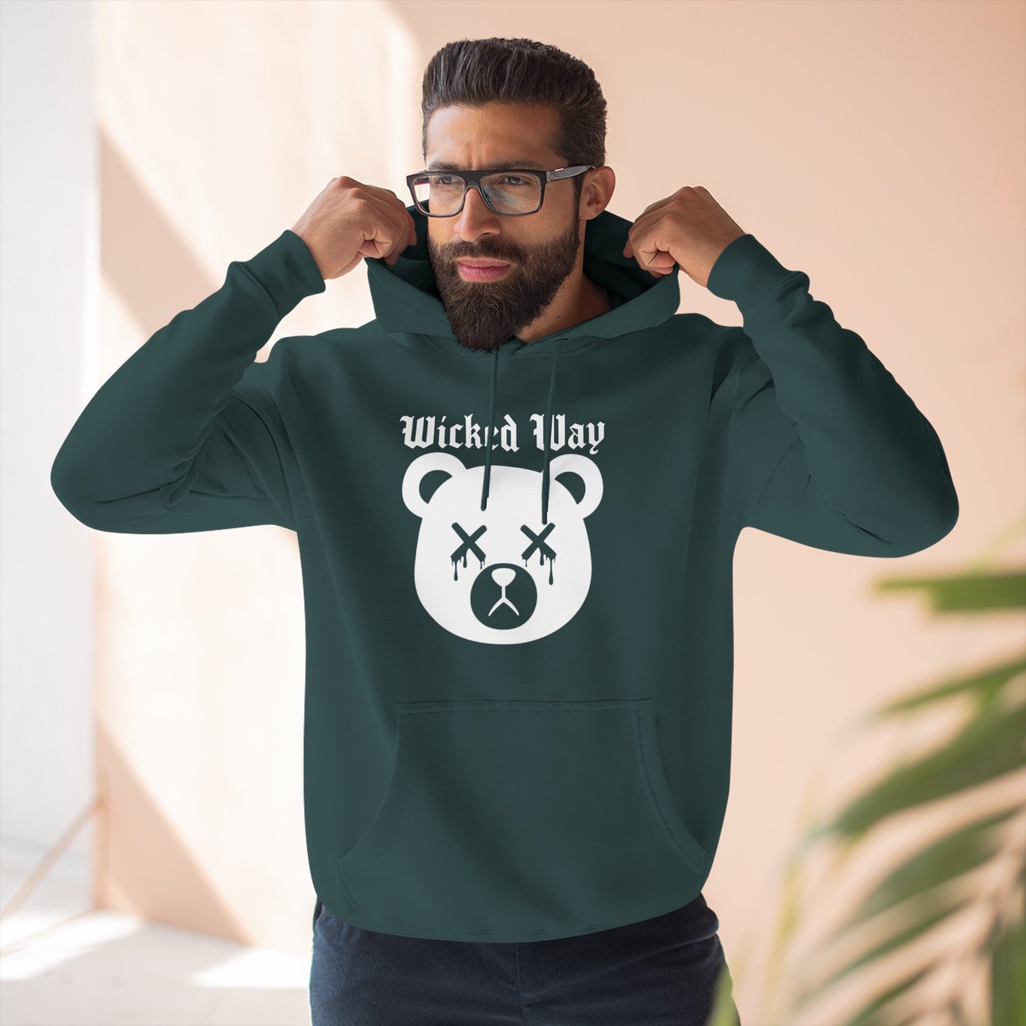 "Wicked Way" Deady Bear Head White Logo Hoodie