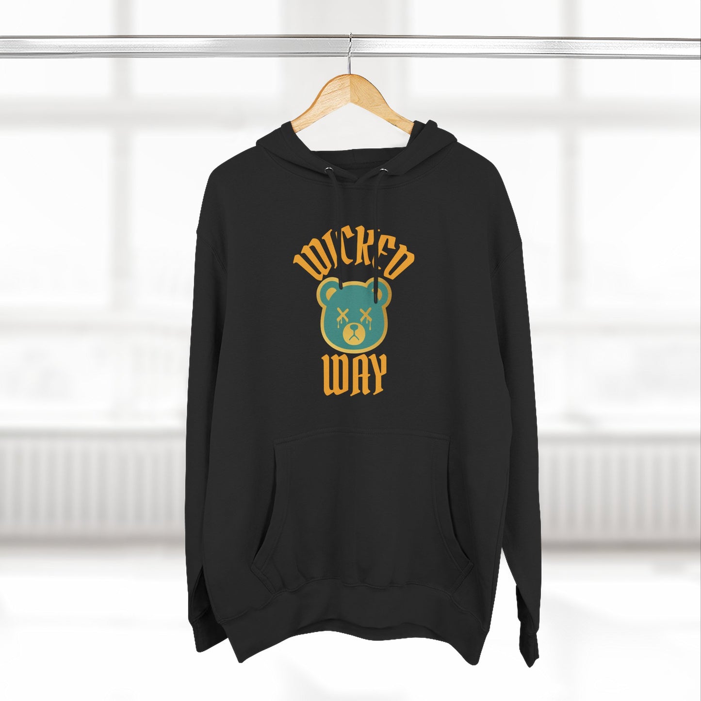 White/Black "Wicked Way" Deady Bear Gold & Teal Fleece Hoodie