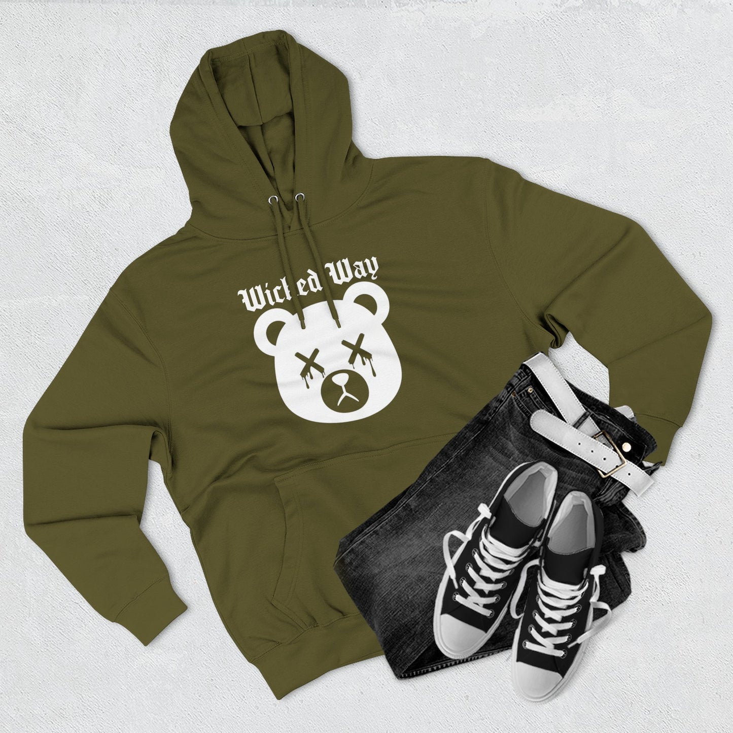 "Wicked Way" Deady Bear Head White Logo Hoodie