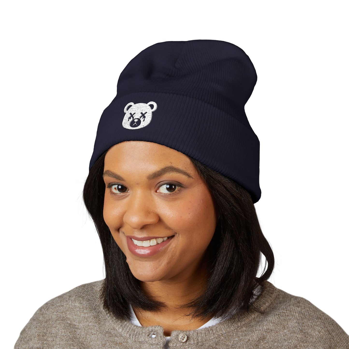 "Wicked Way" Dead Bear Head White Embroidered Beanie