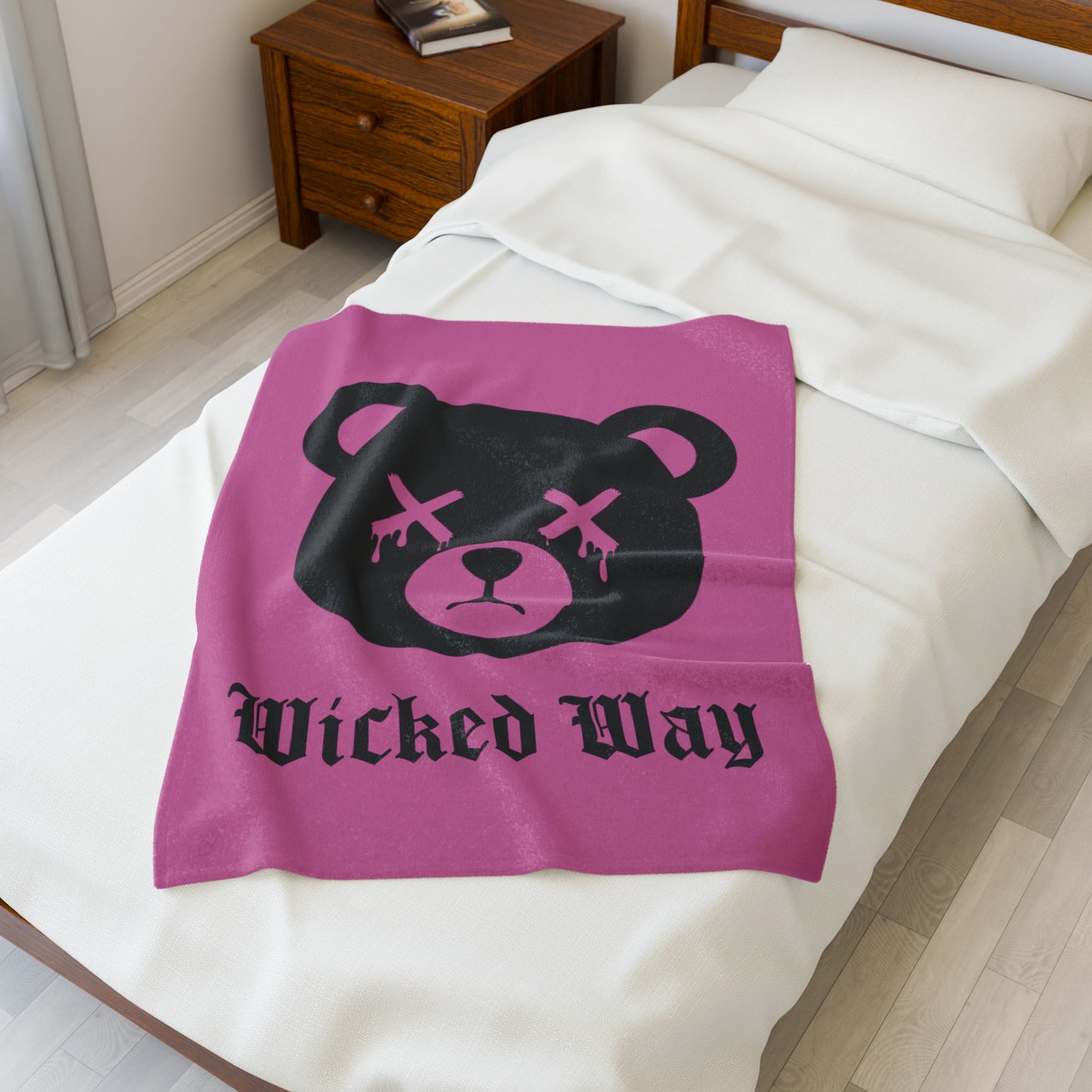 Light Pink "Wicked Way" Dead Bear Head Velveteen Plush Blanket