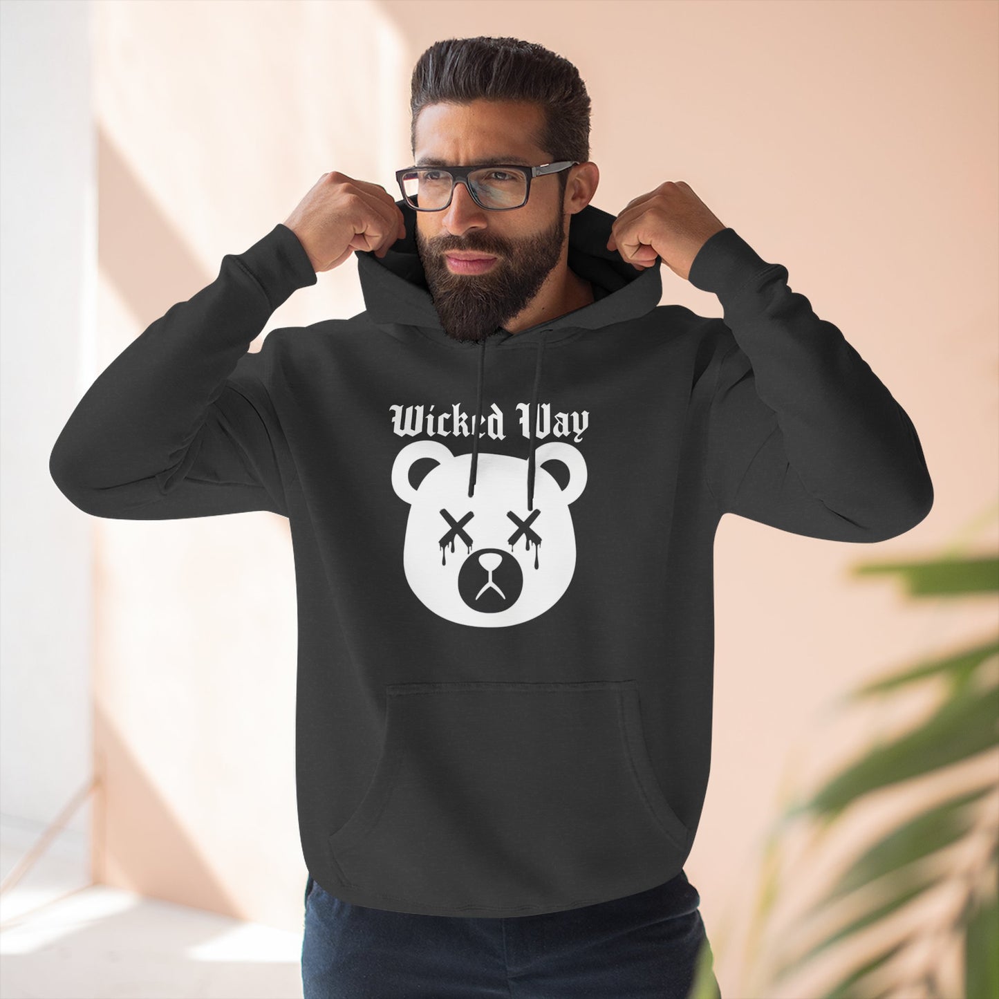 "Wicked Way" Deady Bear Head White Logo Hoodie