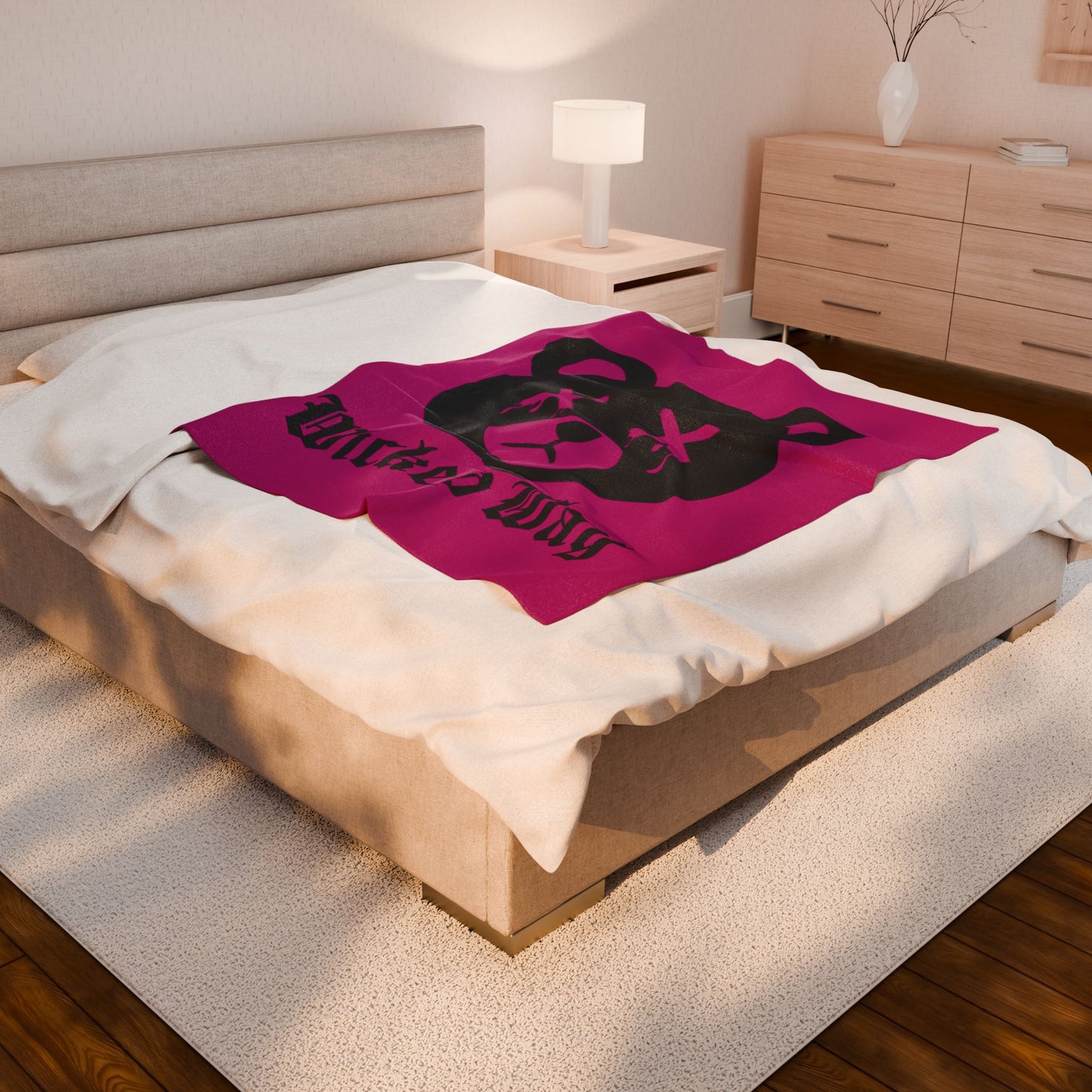 Pink "Wicked Way" Dead Bear Head Velveteen Plush Blanket