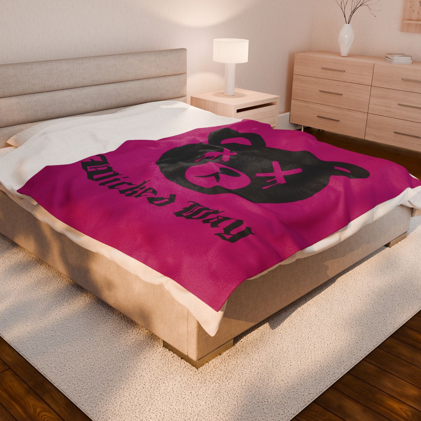 Pink "Wicked Way" Dead Bear Head Velveteen Plush Blanket