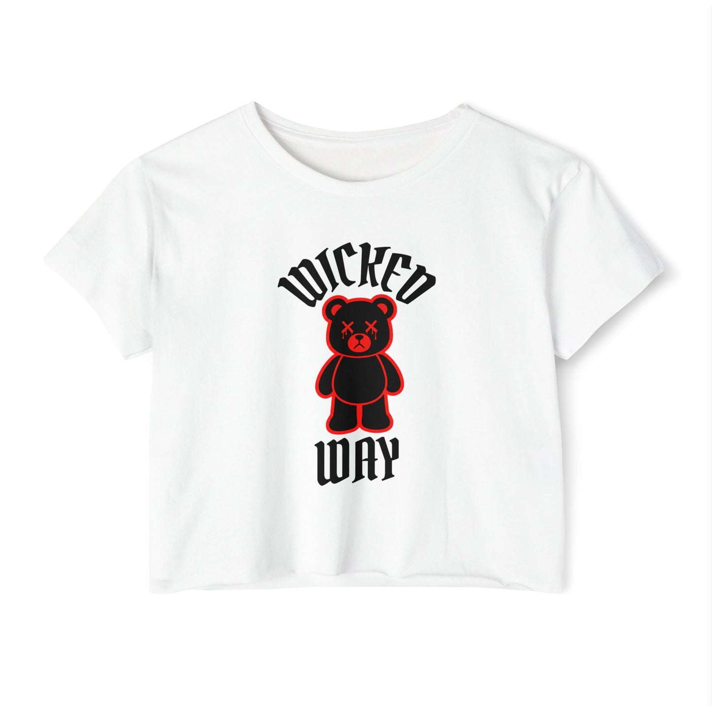 "Wicked Way" Deady Bear White, Black & Red Women's Cotton Crop Top