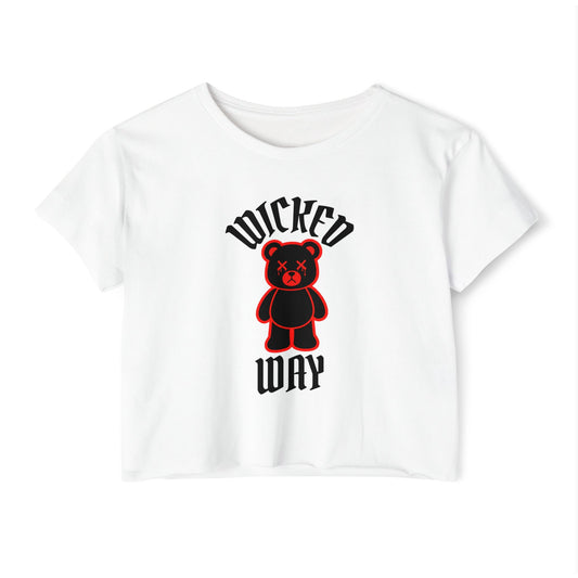 "Wicked Way" Deady Bear White, Black & Red Women's Cotton Crop Top