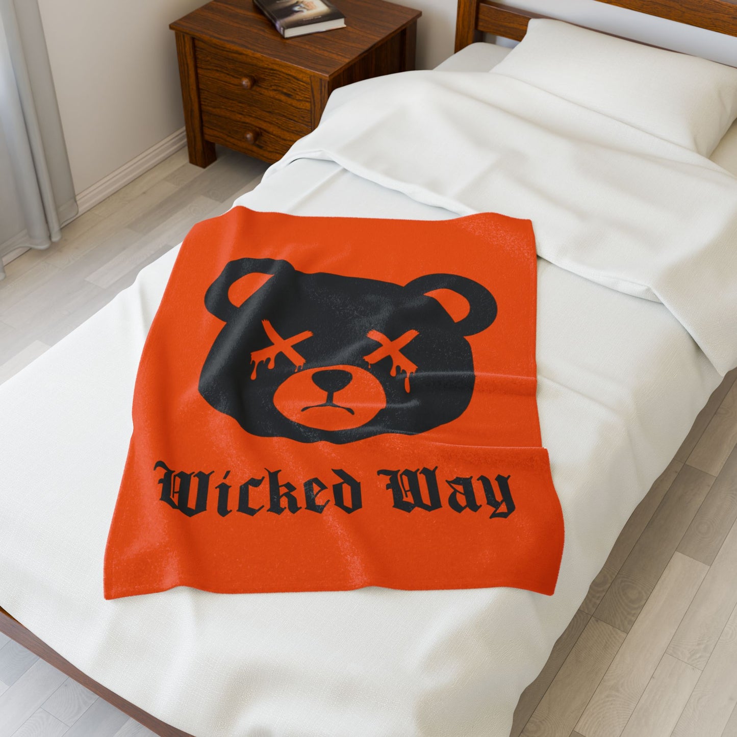 Orange "Wicked Way" Dead Bear Head Velveteen Plush Blanket