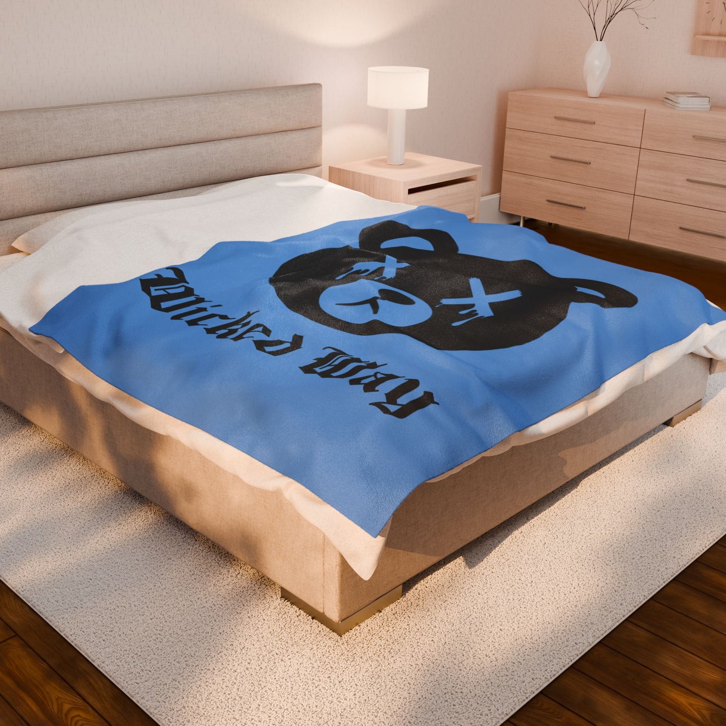 Light Blue "Wicked Way" Dead Bear Head Velveteen Plush Blanket