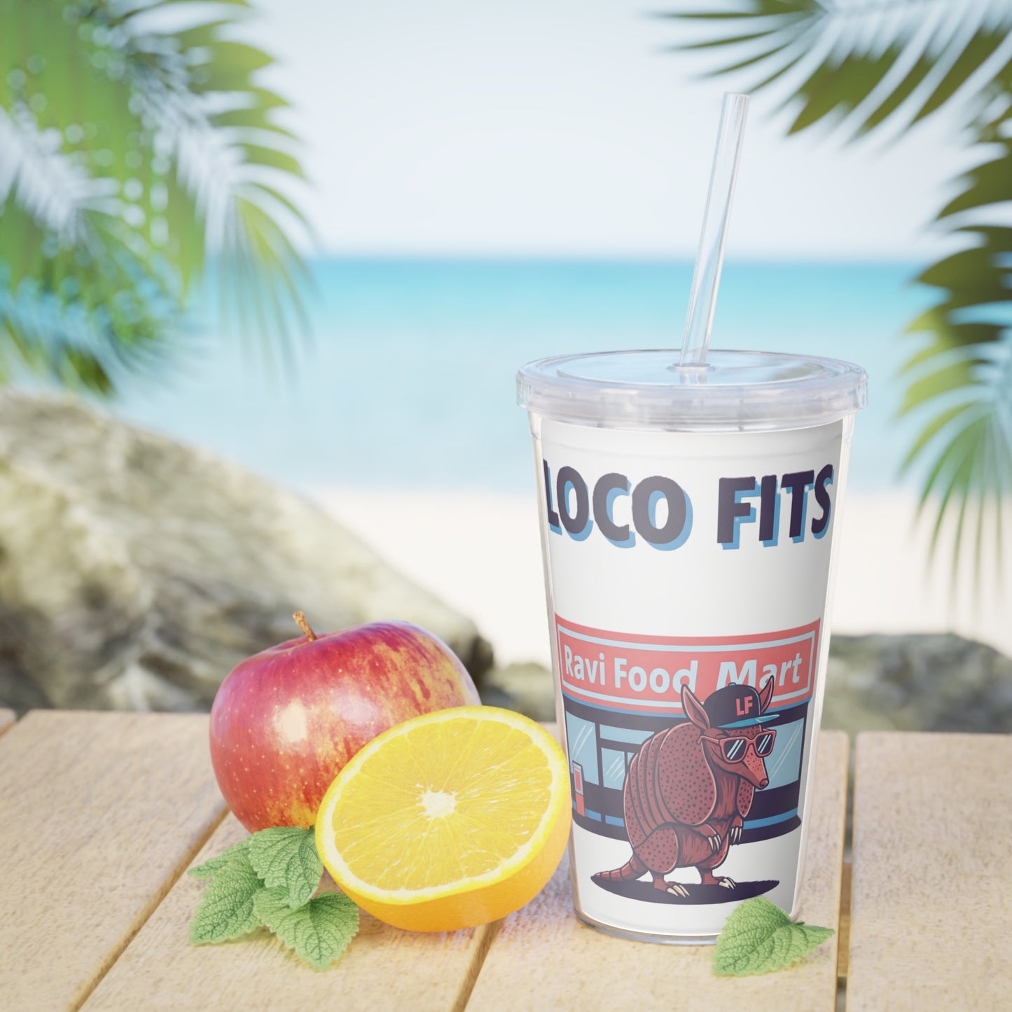 Loco Fits Ravi Food Mart Armadillo Plastic Tumbler with Straw | Fun Travel Mug for On-the-Go Drinks