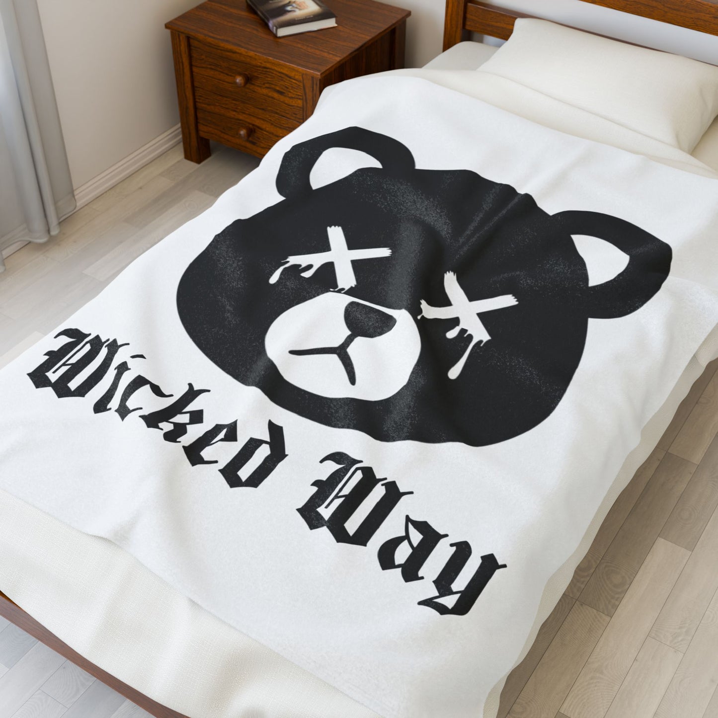 White "Wicked Way" Dead Bear Head Velveteen Plush Blanket