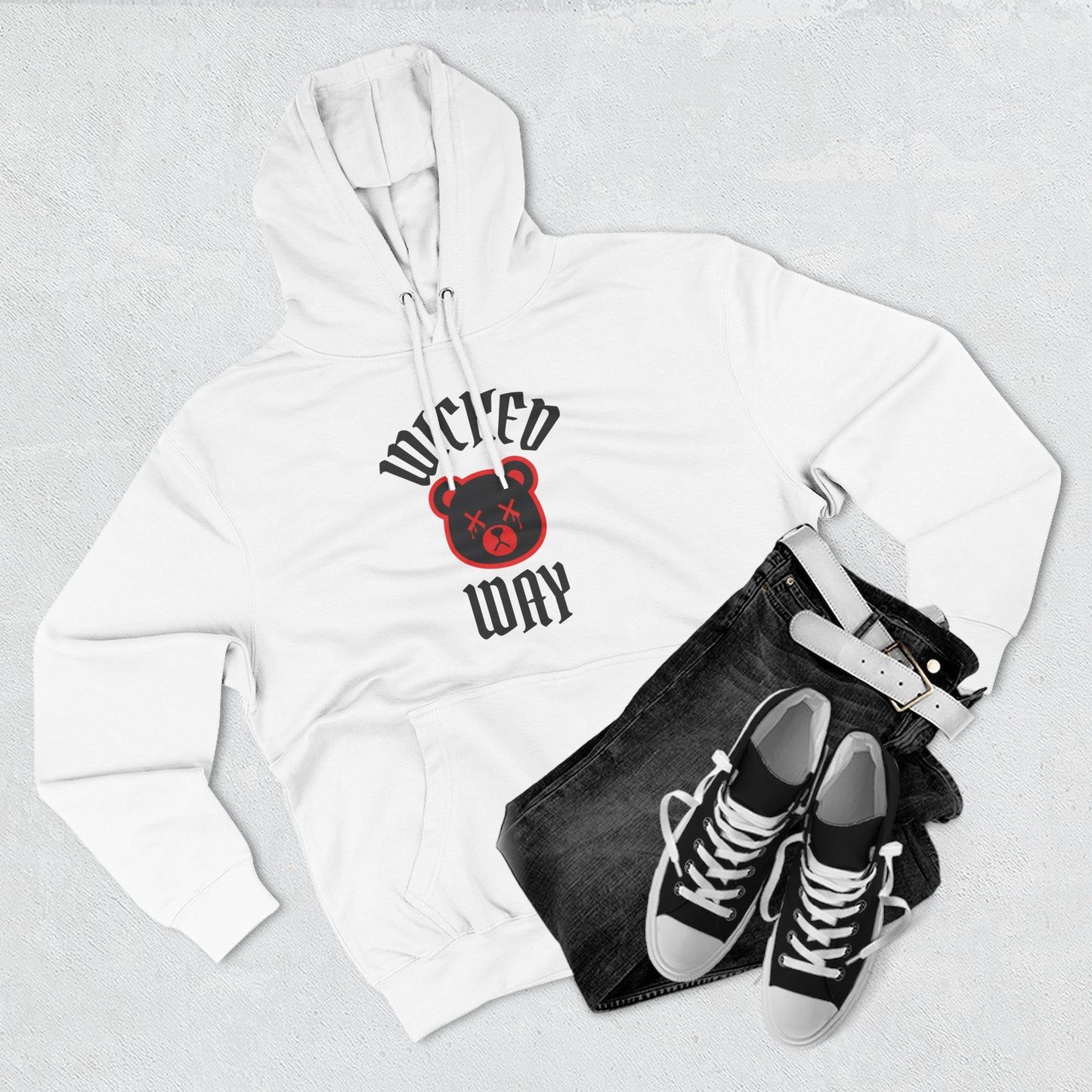 White "Wicked Way" Deady Bear Black & Red Fleece Hoodie