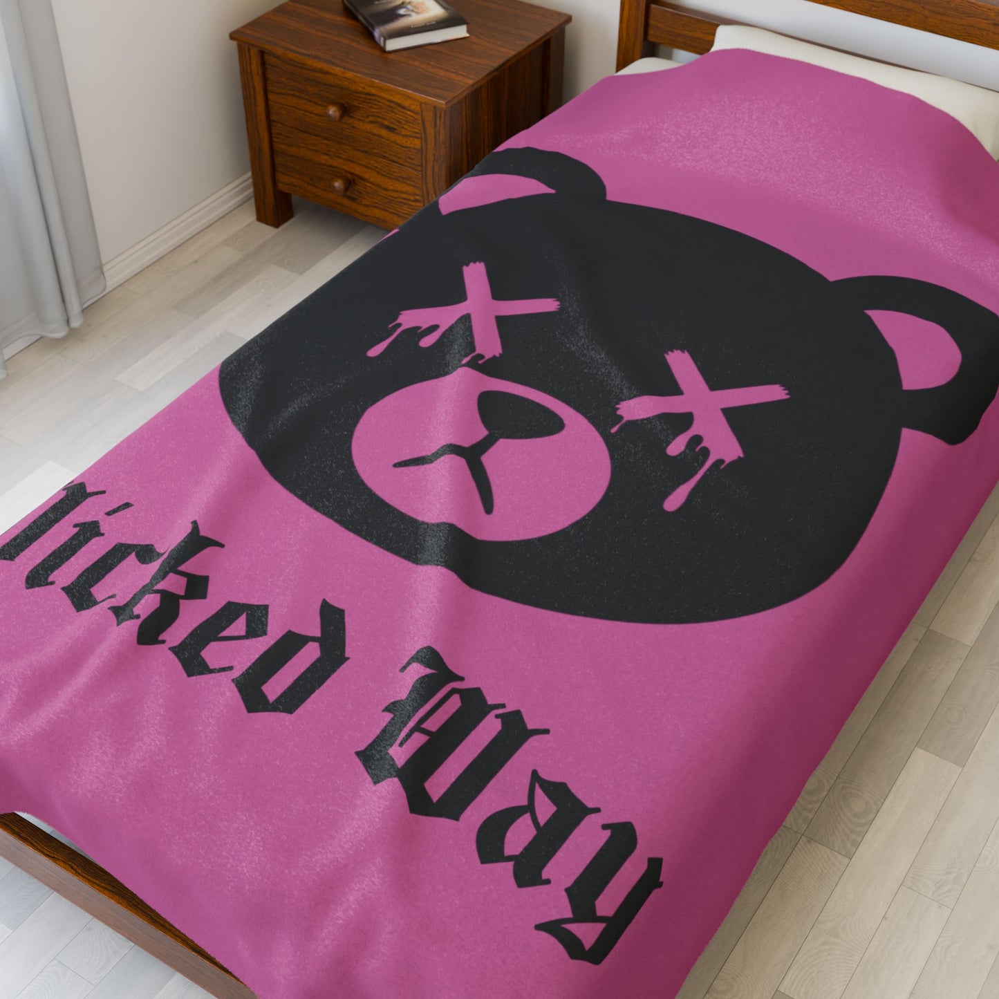Light Pink "Wicked Way" Dead Bear Head Velveteen Plush Blanket
