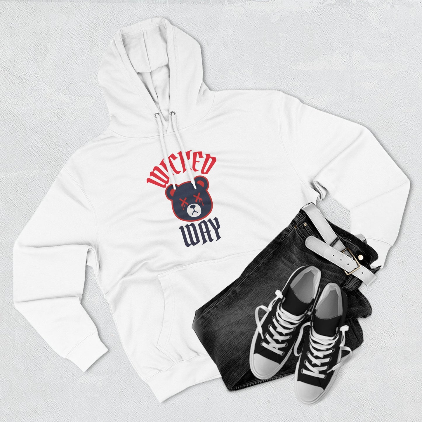White "Wicked Way" Deady Bear Navy Blue & Red Fleece Hoodie