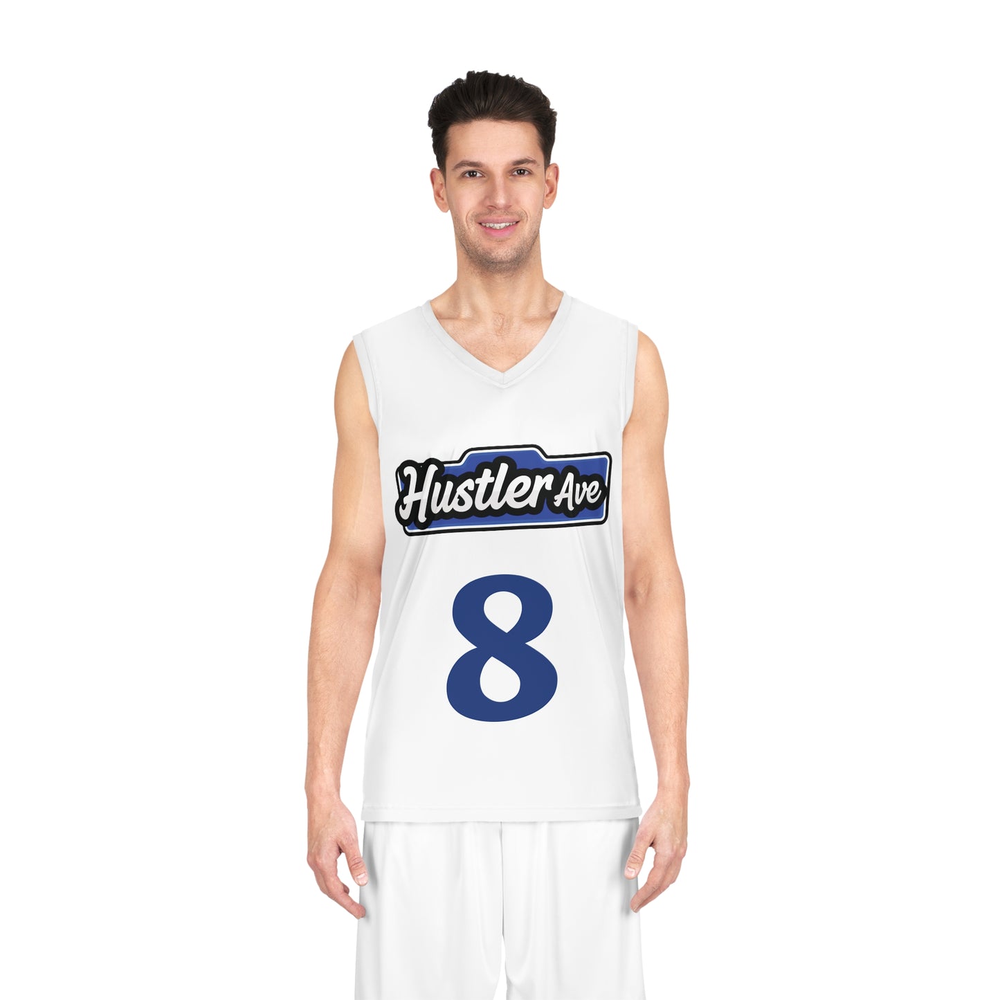 White & Blue "Hustler Ave" #8 Basketball Jersey