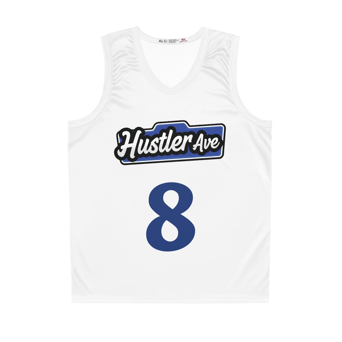 White & Blue "Hustler Ave" #8 Basketball Jersey